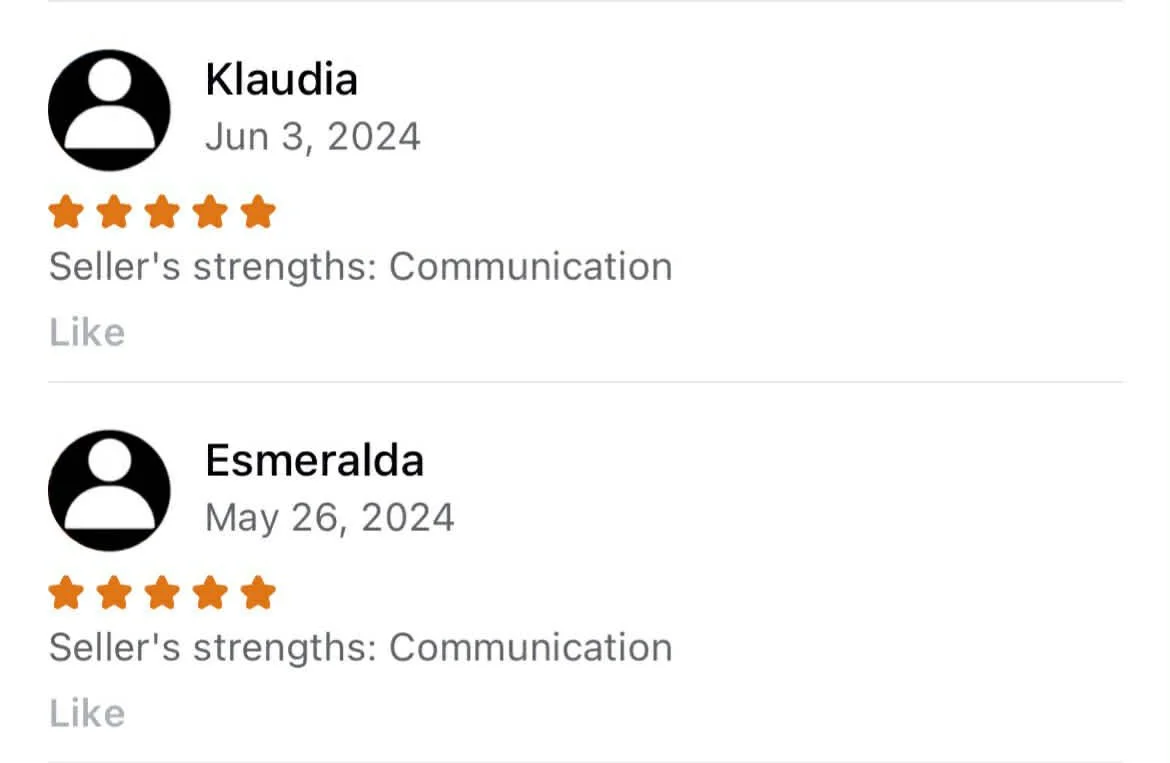 Online review comments showing two five-star ratings from Klaudia on June 3, 2024, and Esmeralda on May 26, 2024, both praising the seller’s communication skills.