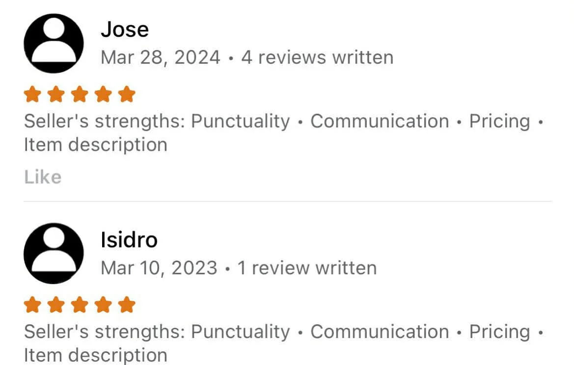 Screenshots of two online reviews with five-star ratings, from users named Jose and Isidro, dated March 28, 2024, and March 10, 2023, respectively, praising punctuality, communication, pricing, and item description.