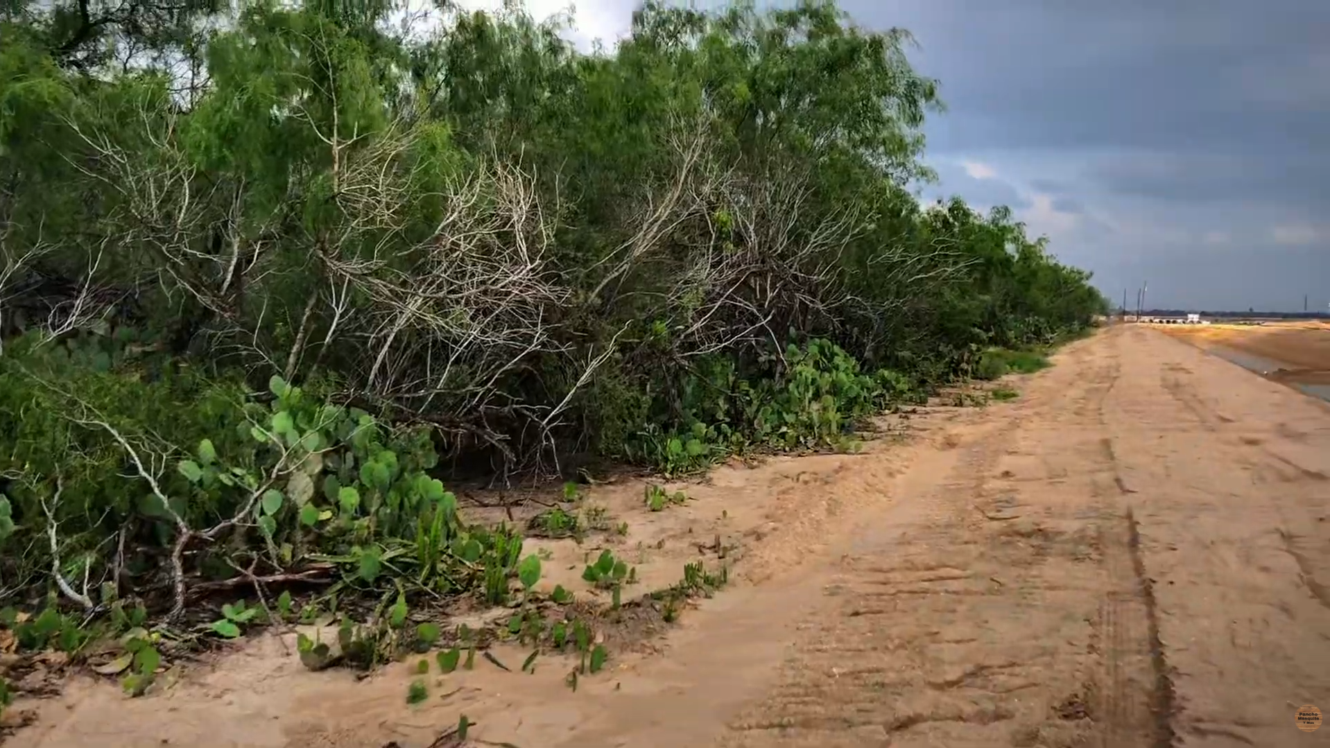 A dirt road runs alongside dense green foliage on the left, with cloudy skies overhead.
