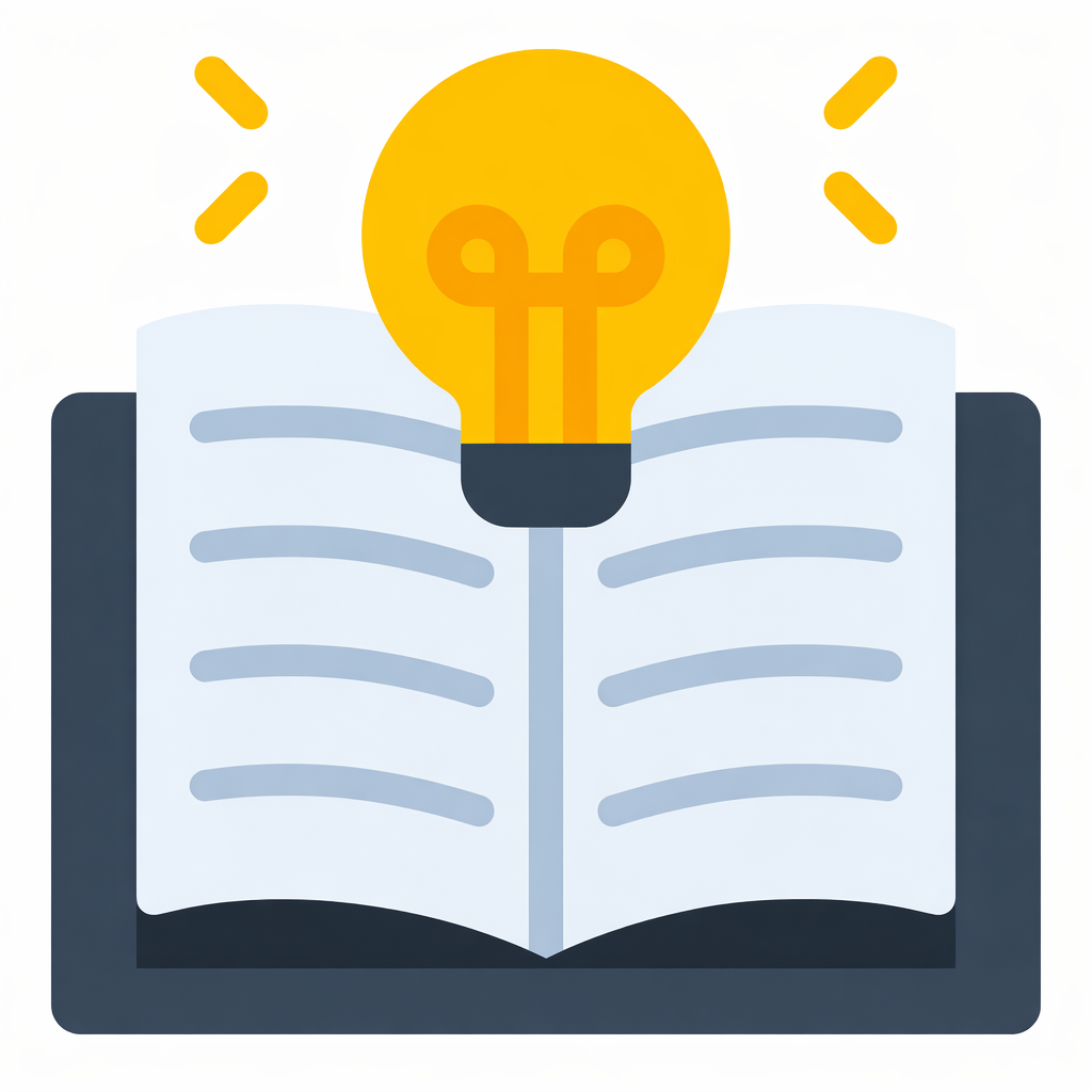 An open book with a light bulb above it symbolizing ideas or knowledge.