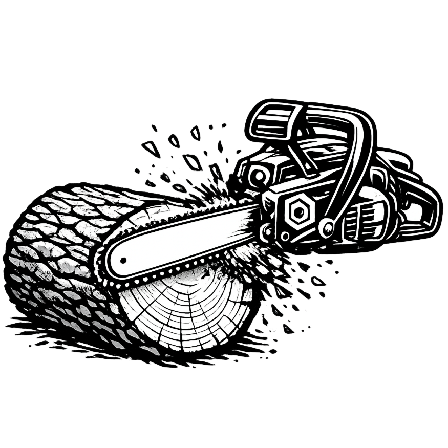 Black and white illustration of a chainsaw cutting through a log, with wood shavings and sawdust flying.
