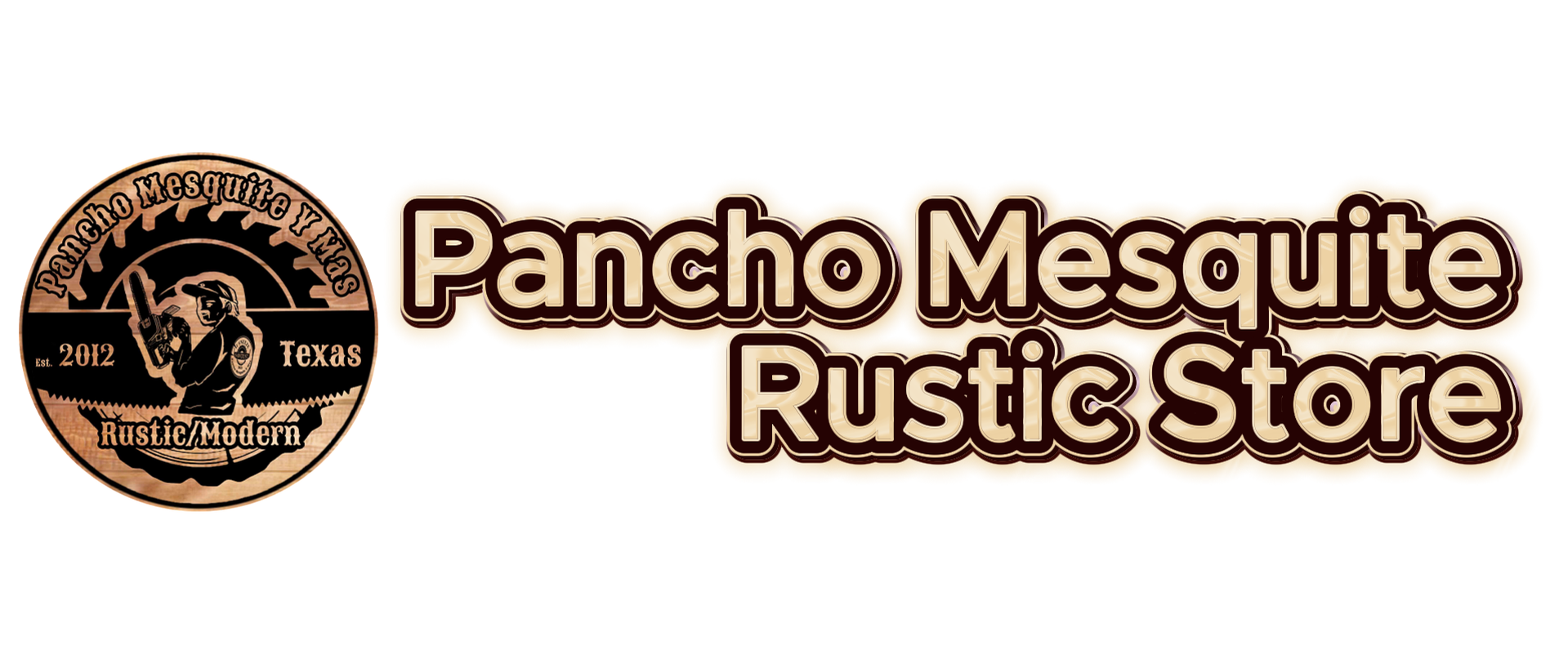 Logo of Pancho Mesquite Rustic Store featuring a circular emblem with a cowboy holding a rifle, surrounded by the text "Pancho Mesquite Y Muebles," "Texas," "Est. 2012," and "Rustic/Modern," with the store name written in large, bold, brown and beige letters.