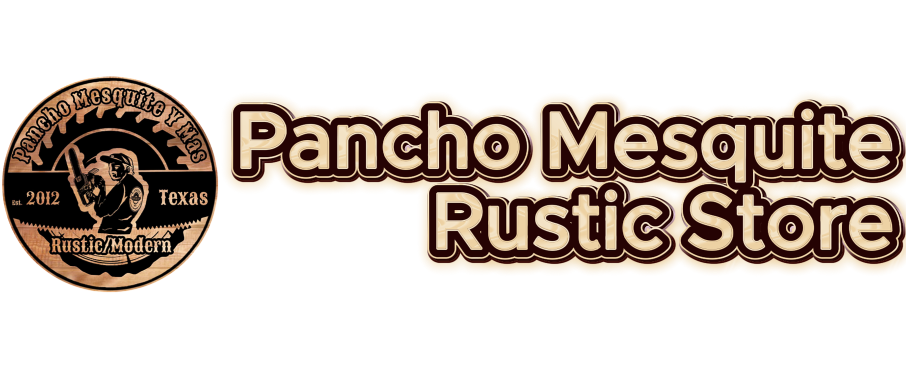Logo for Pancho Mesquite Rusty Store featuring a circular badge with a cowboy figure holding a gun and text indicating it was established in 2012 in Texas, with rustic and modern design elements.