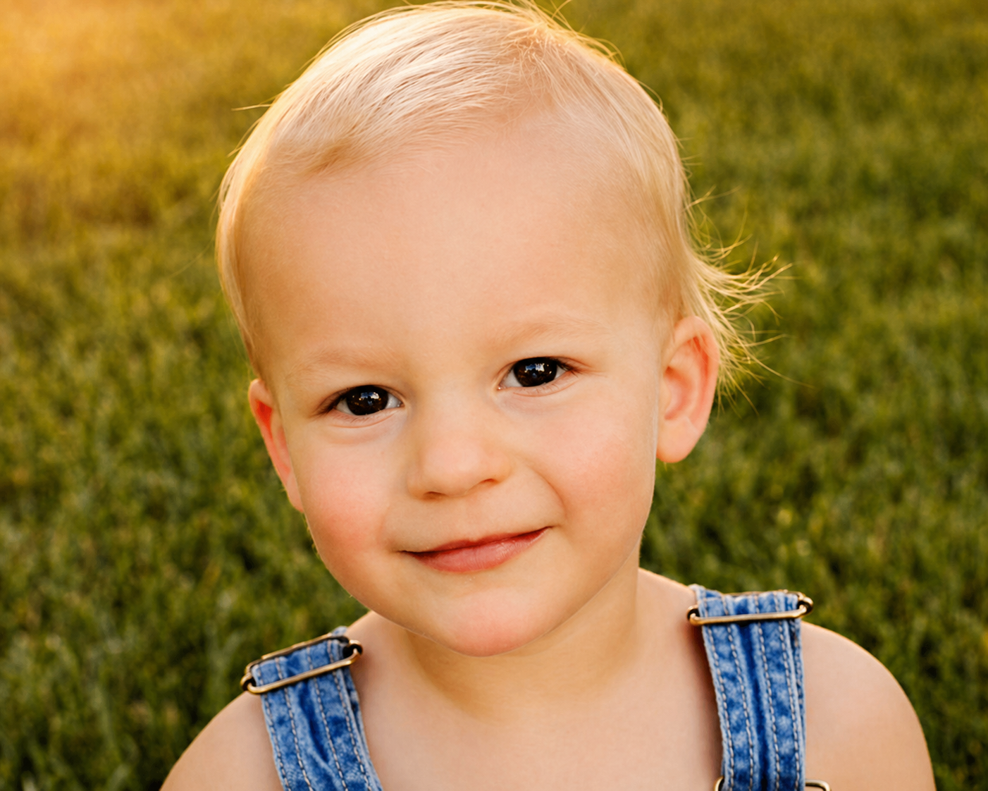 A close-up of a young child with blonde hair and brown eyes, smiling at the camera, wearing denim overalls outdoors on a grassy field during sunset.