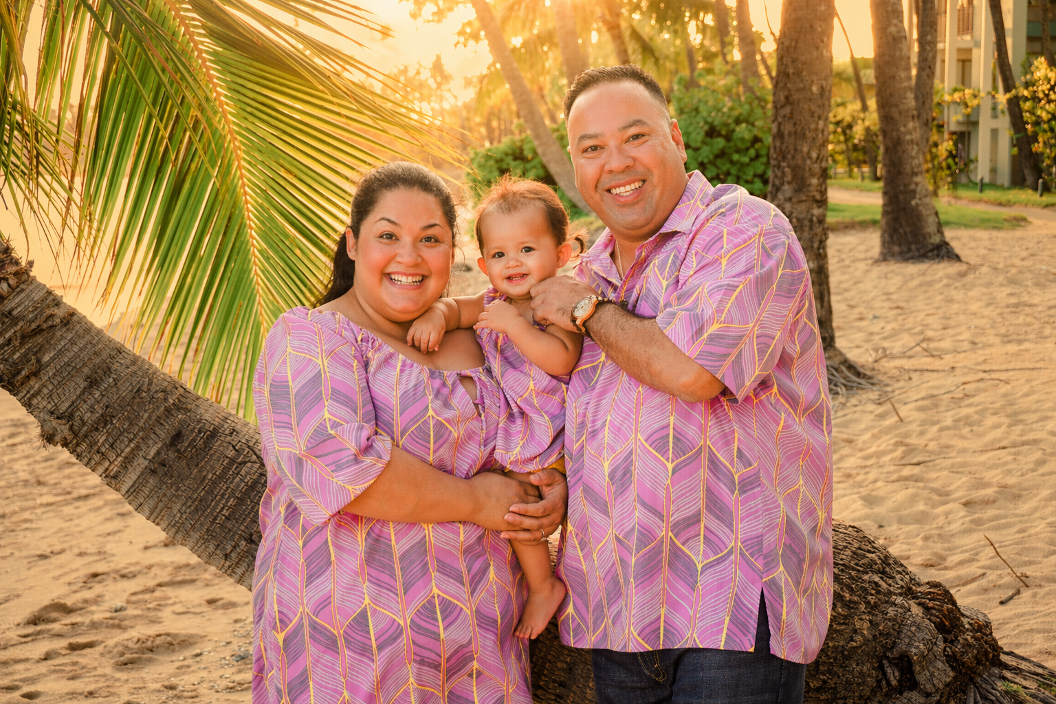 A happy family of three, including a woman, man, and a toddler, outdoors on a sandy beach with palm trees and buildings in the background, all wearing matching purple and yellow patterned outfits during sunset.