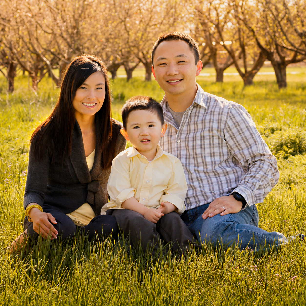 A family of three sitting on the grass in an orchard with blooming trees, smiling at the camera on a sunny day.