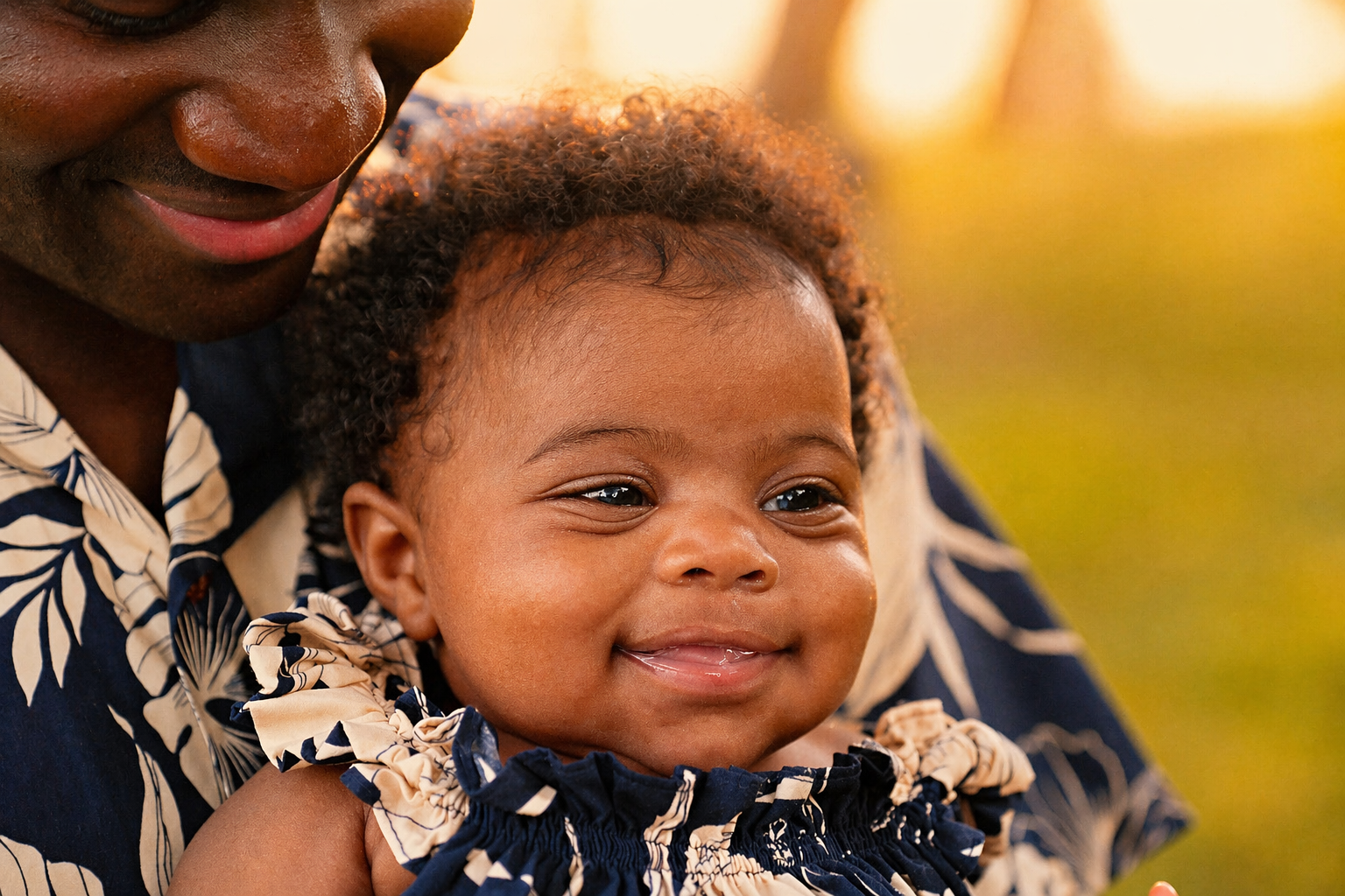 A smiling baby girl with curly hair, wearing a navy and beige floral dress, is being held by a person wearing a matching patterned shirt.