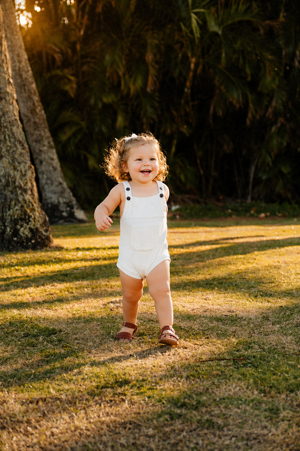 A young girl with curly blonde hair smiling and walking in a grassy park area during sunset, wearing a white sleeveless romper and sandals.