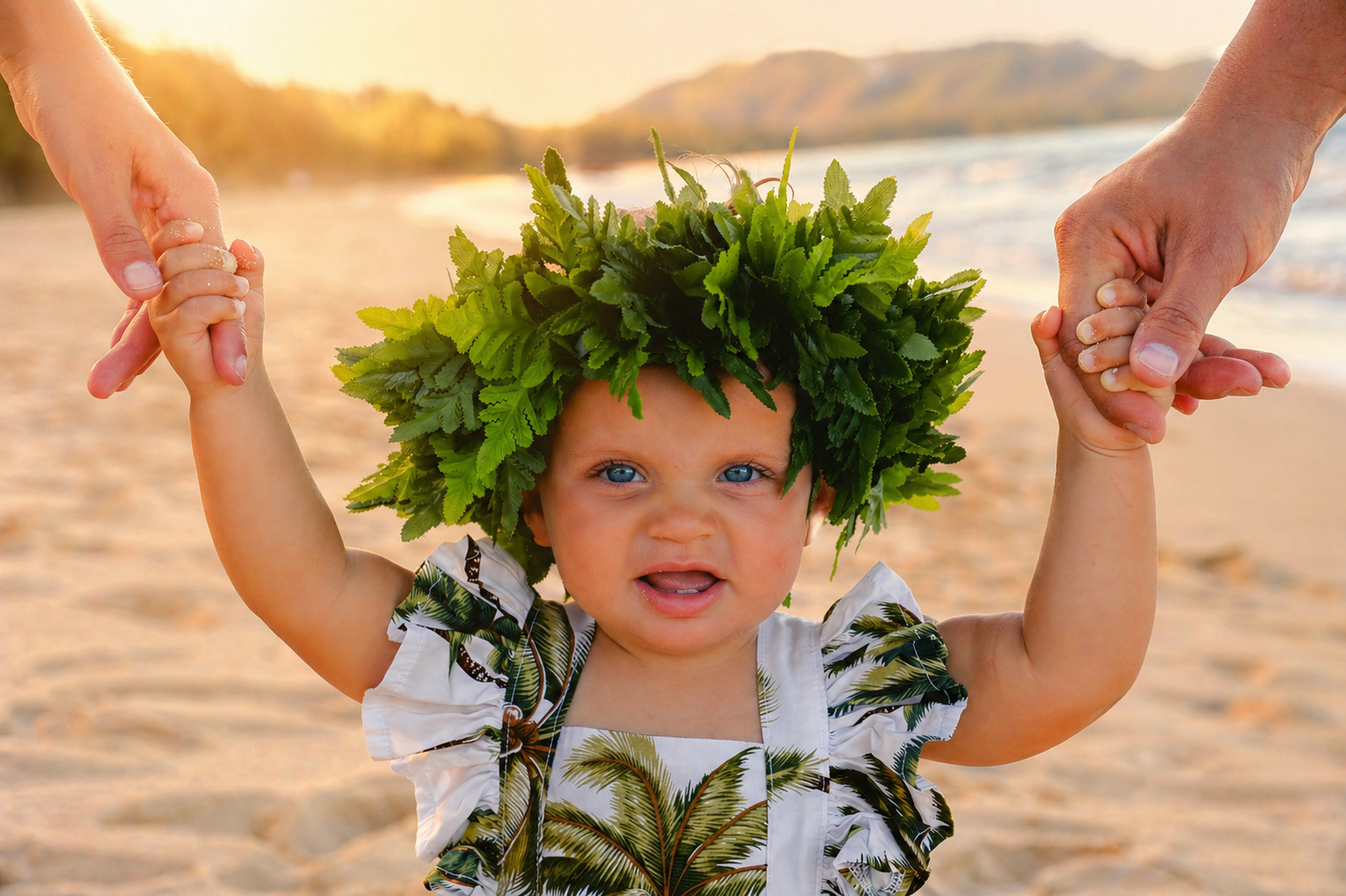A young child with bright blue eyes wearing a leaf crown, holding hands with two adults on a beach at sunset.