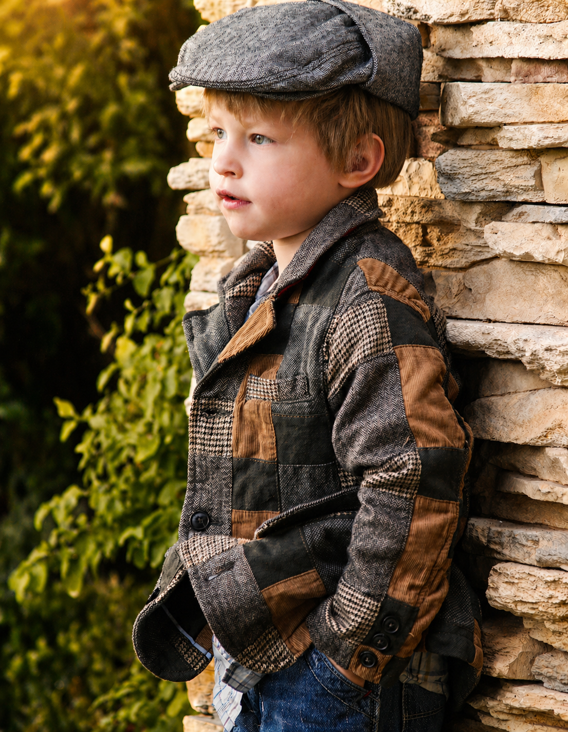 A young boy dressed in a patterned jacket and cap, leaning against a stone wall outdoors, with green foliage in the background.