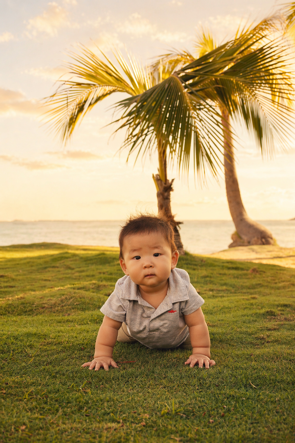 Young child crawling on grass near the beach with palm trees and ocean in the background, during sunset.