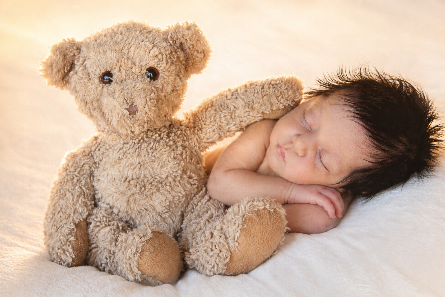 A sleeping baby resting on a soft white blanket and cuddling a plush teddy bear with curly fur.