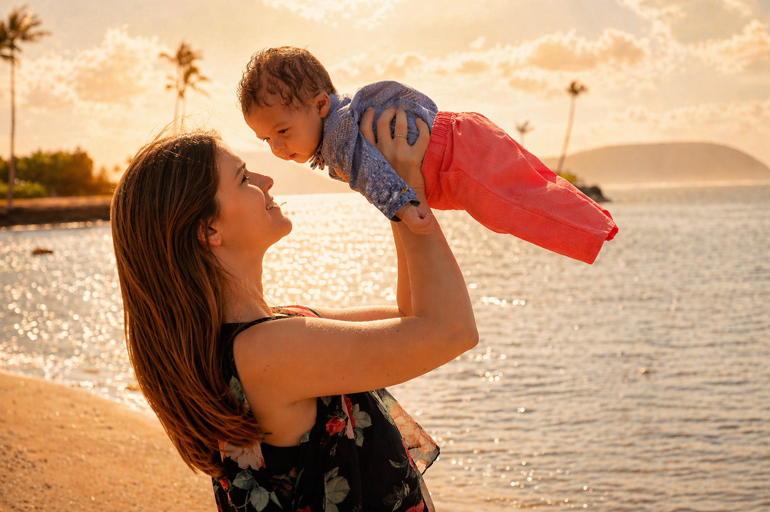 A woman lifts a young boy with curly hair in the air by the beach during sunset, with palm trees and a distant mountain in the background.