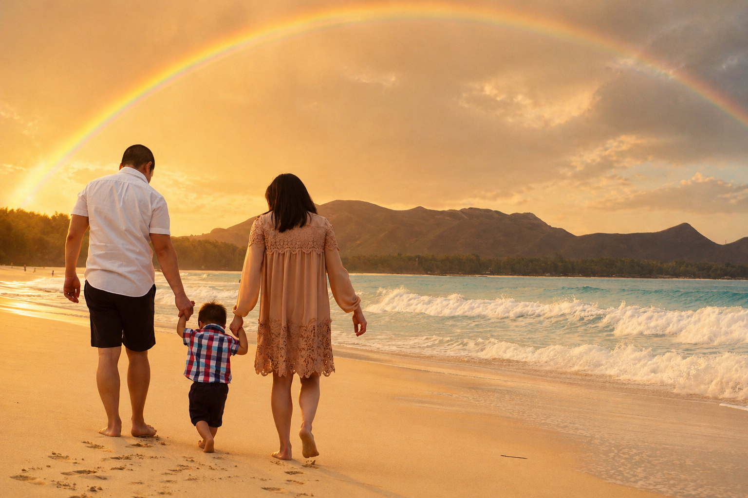 A family of three holding hands and walking along the beach at sunset, with a rainbow in the sky and mountains in the background.