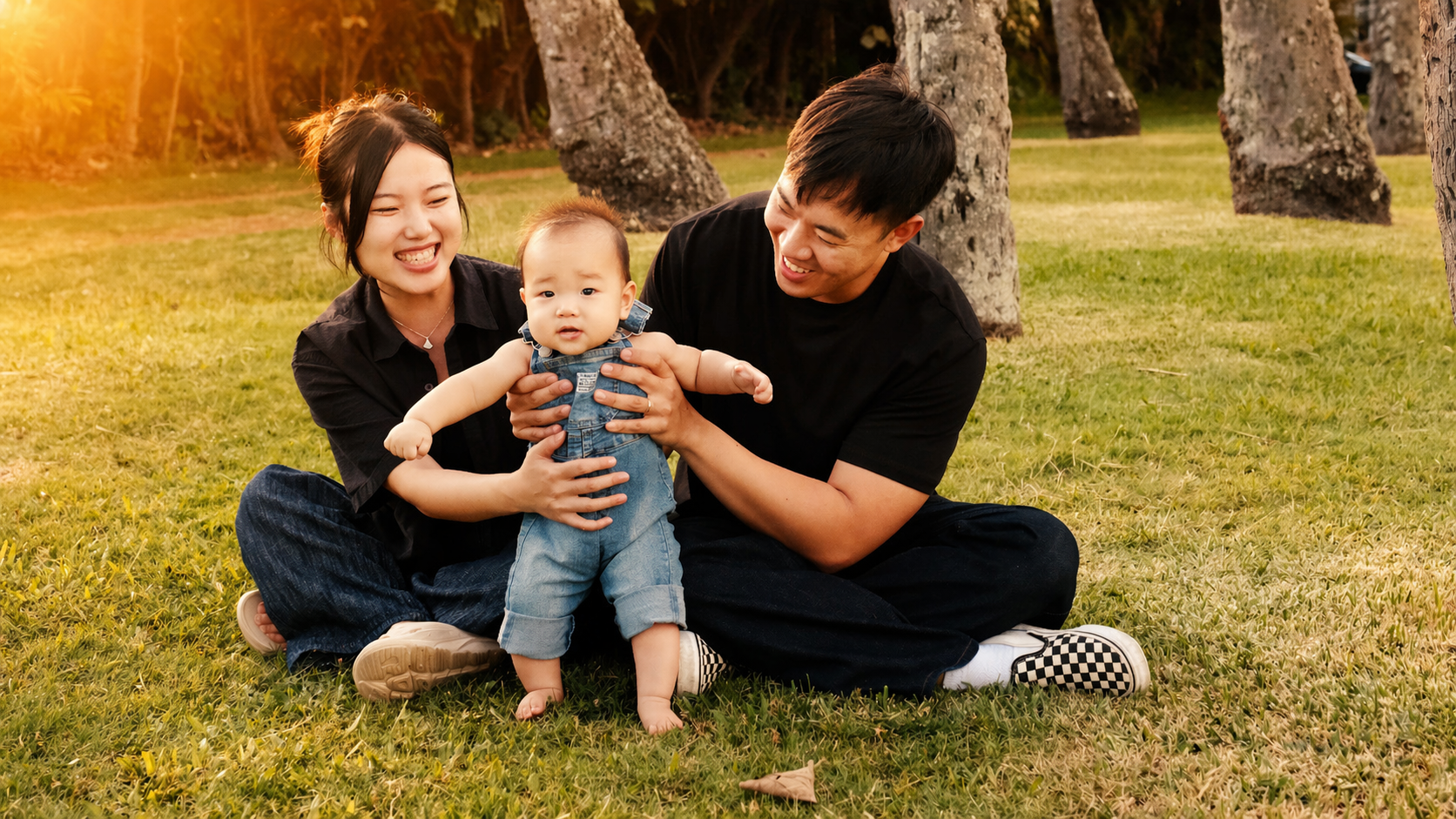 A happy family of three, with a mother, father, and their baby, sitting on grass in a park with trees, during sunset, smiling and enjoying time together.