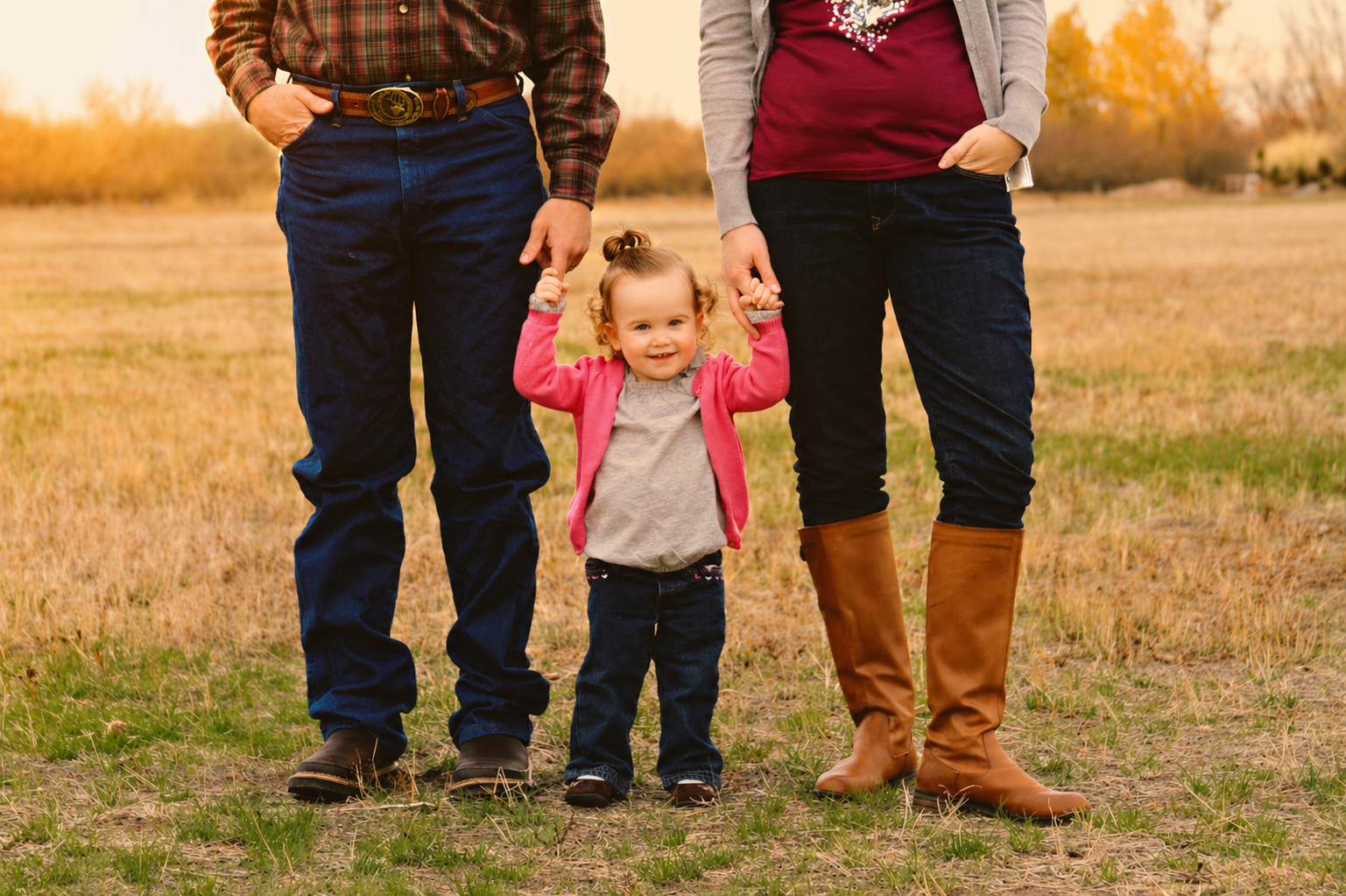 A young girl with curly hair in a pink sweater and gray dress, smiling, holds hands with two adults, likely her parents, in an open grassy field during autumn. The adults are dressed casually, with one in a plaid shirt and jeans, and the other in a g