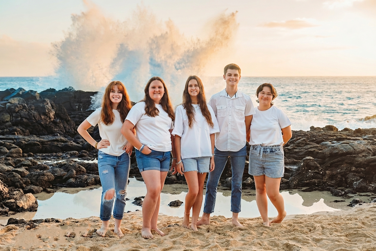 Five young people standing barefoot on the sandy beach near rocks with ocean waves crashing behind them at sunset, smiling for the photo.