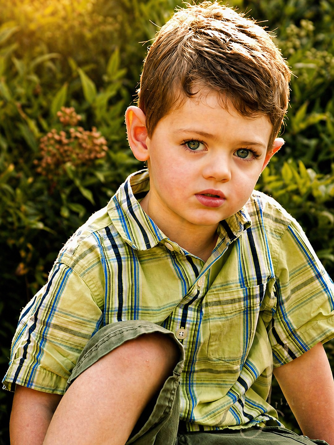 Young boy in a plaid shirt sitting outdoors surrounded by greenery.