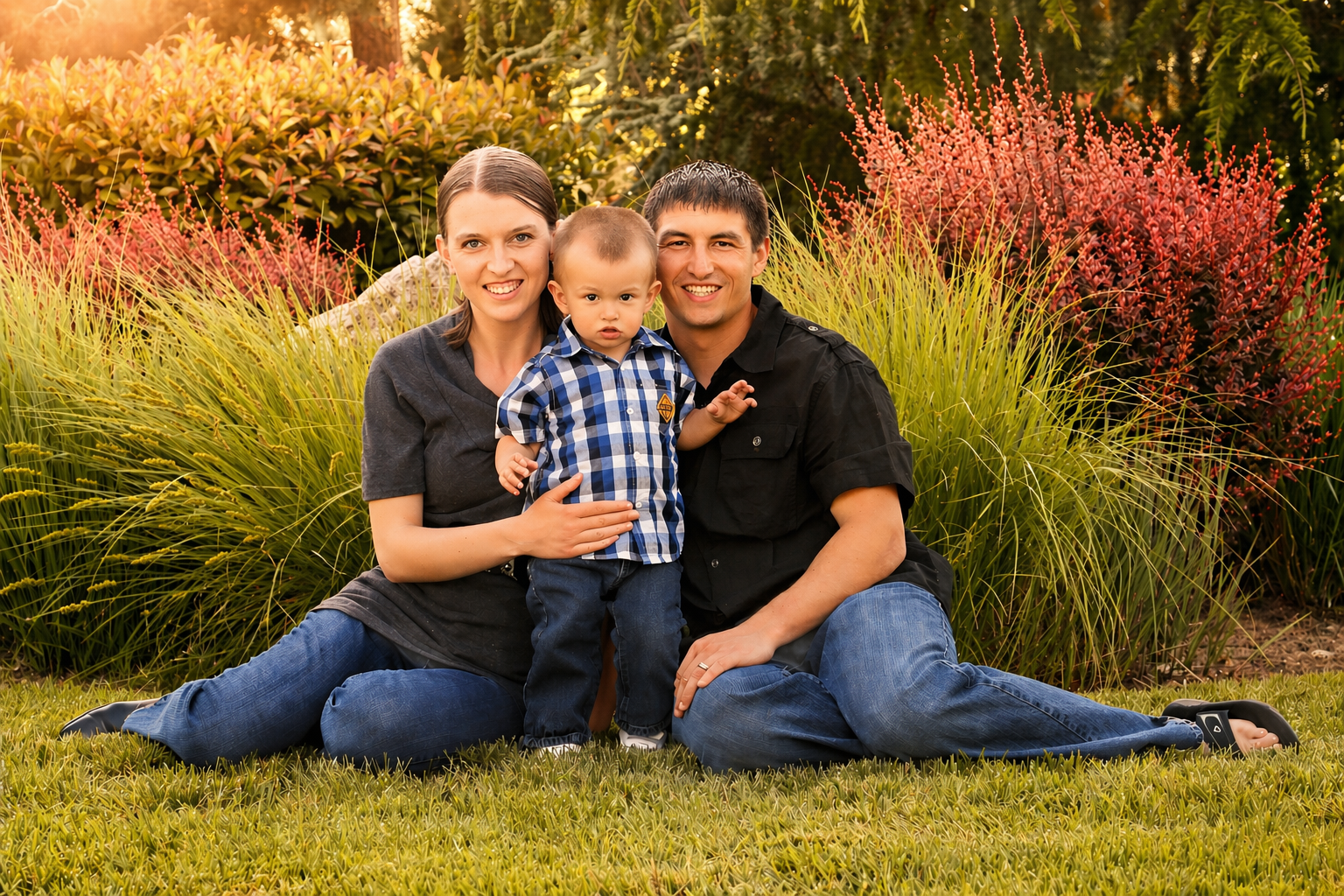 A family of three sitting on the grass in a garden with colorful plants. The woman has brown hair and is wearing a dark top, the man has short dark hair and is wearing a black shirt, and the young child has short hair and is wearing a blue plaid shir