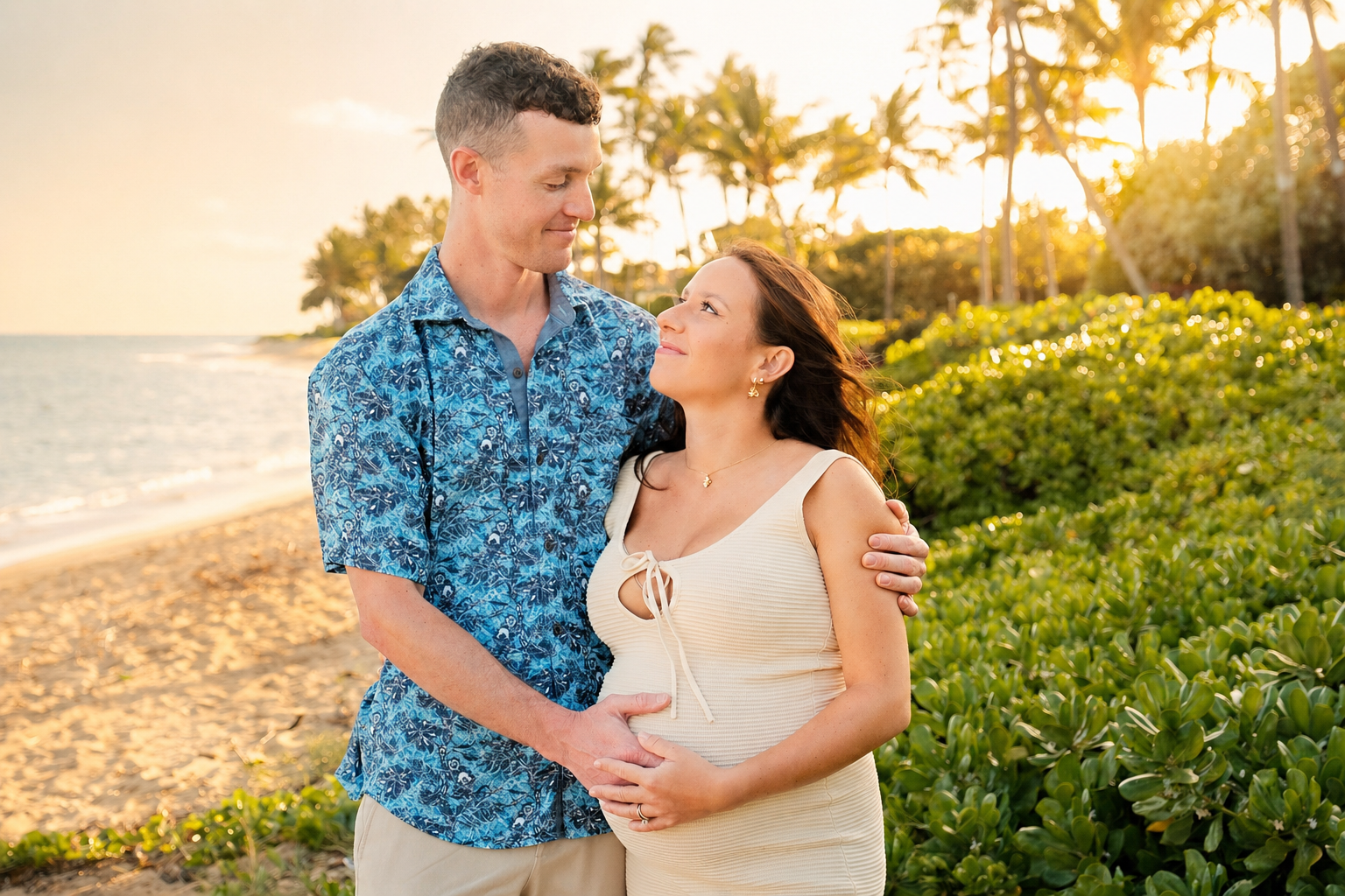 A couple standing close on a beach at sunset, the man gently holding the pregnant woman's belly, both looking into each other's eyes with the ocean, palm trees, and setting sun in the background.
