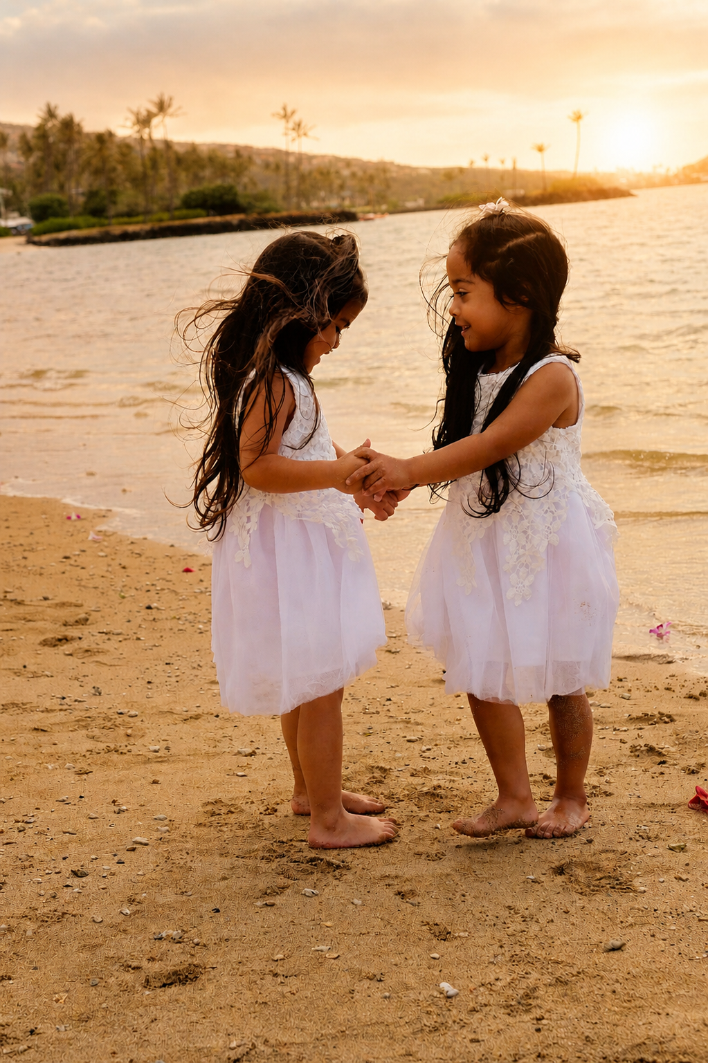 Two young girls in white dresses holding hands and smiling on a sandy beach during sunset.
