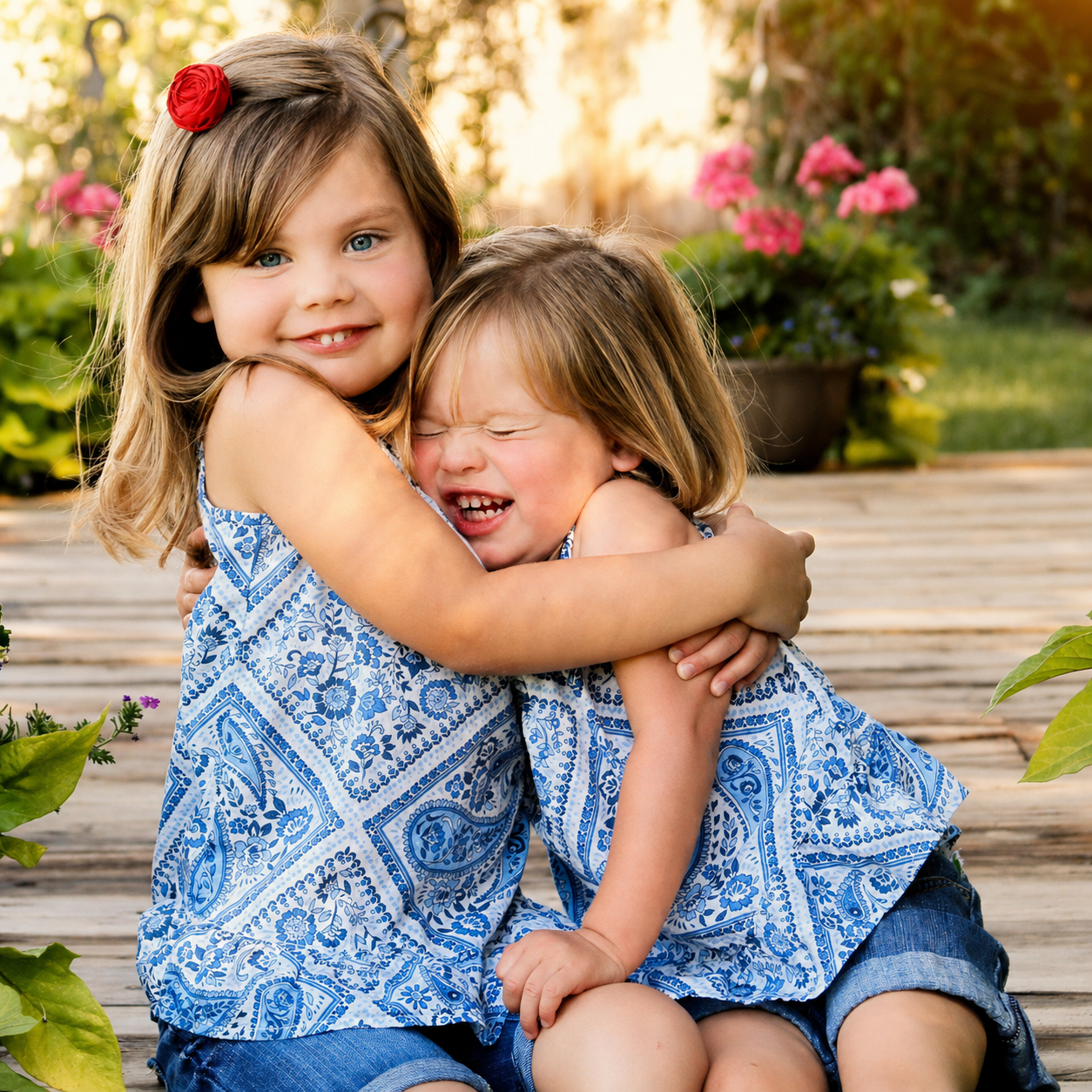 Two young girls hugging each other outdoors, one smiling with her eyes open and the other crying with her eyes closed, surrounded by plants and flowers.
