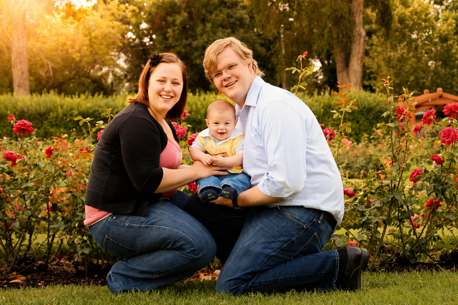 Smiling family of three outdoors in a garden with pink roses, sunset lighting, blonde father, brunette mother, and baby boy.