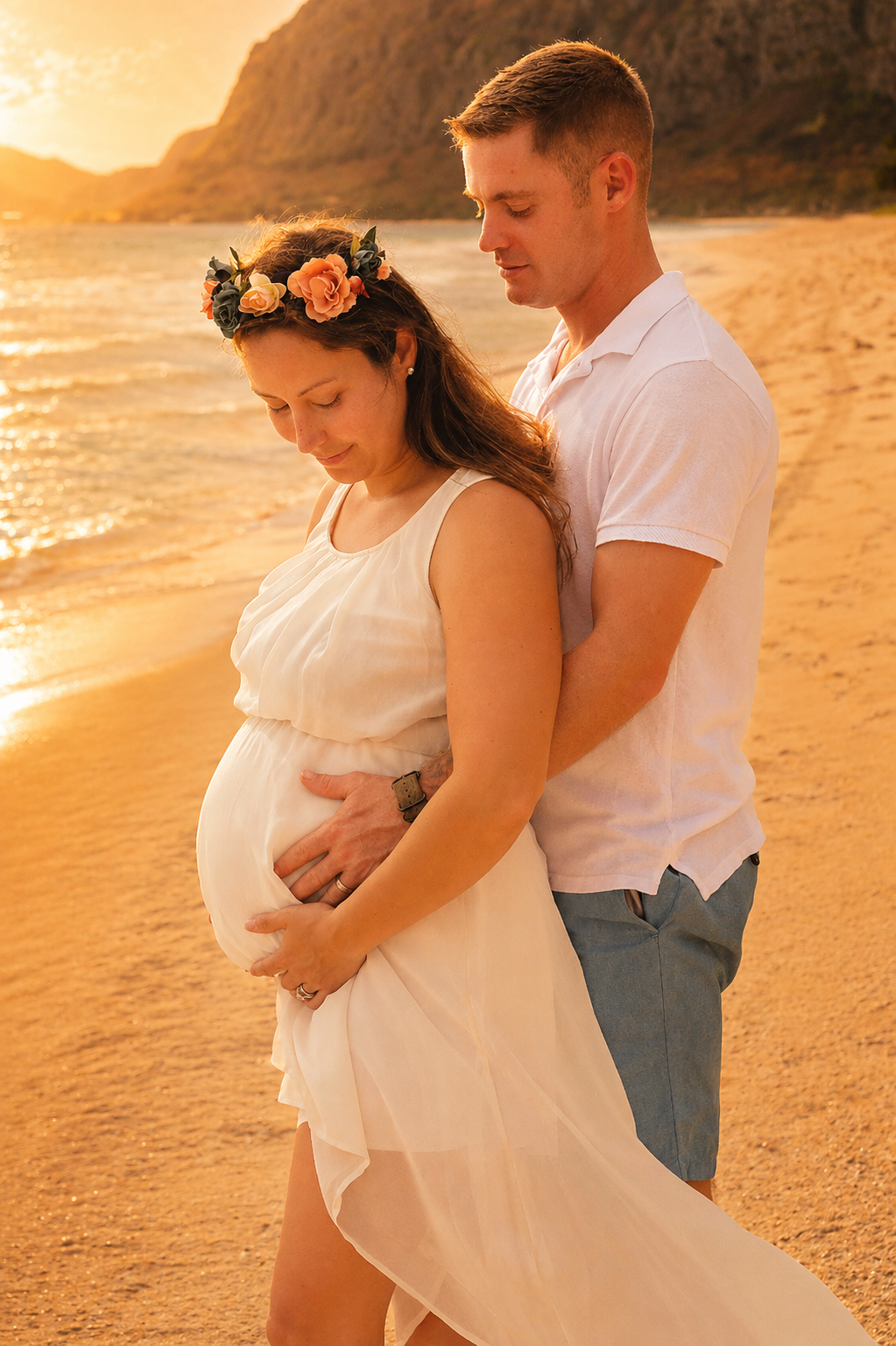 A pregnant woman with a floral headband on the beach during sunset, gently holding her belly, with her partner standing behind her with his arms around her.