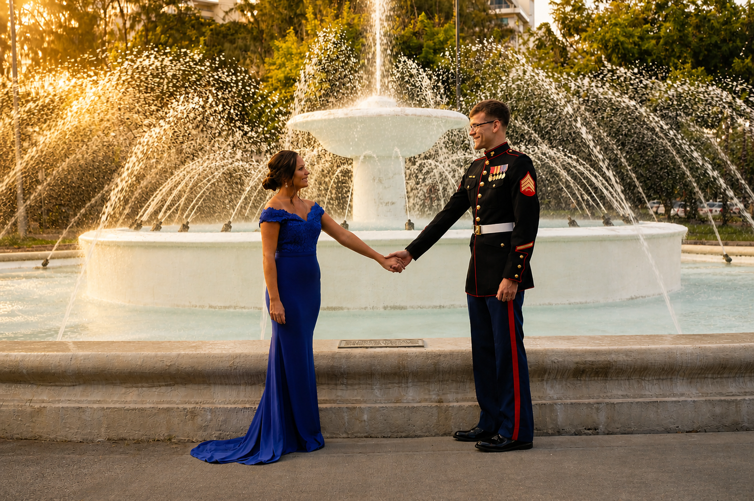 A woman in a blue evening gown and a man in a United States Marine Corps dress uniform shake hands in front of a large fountain with water jets, trees, and buildings in the background, during sunset.