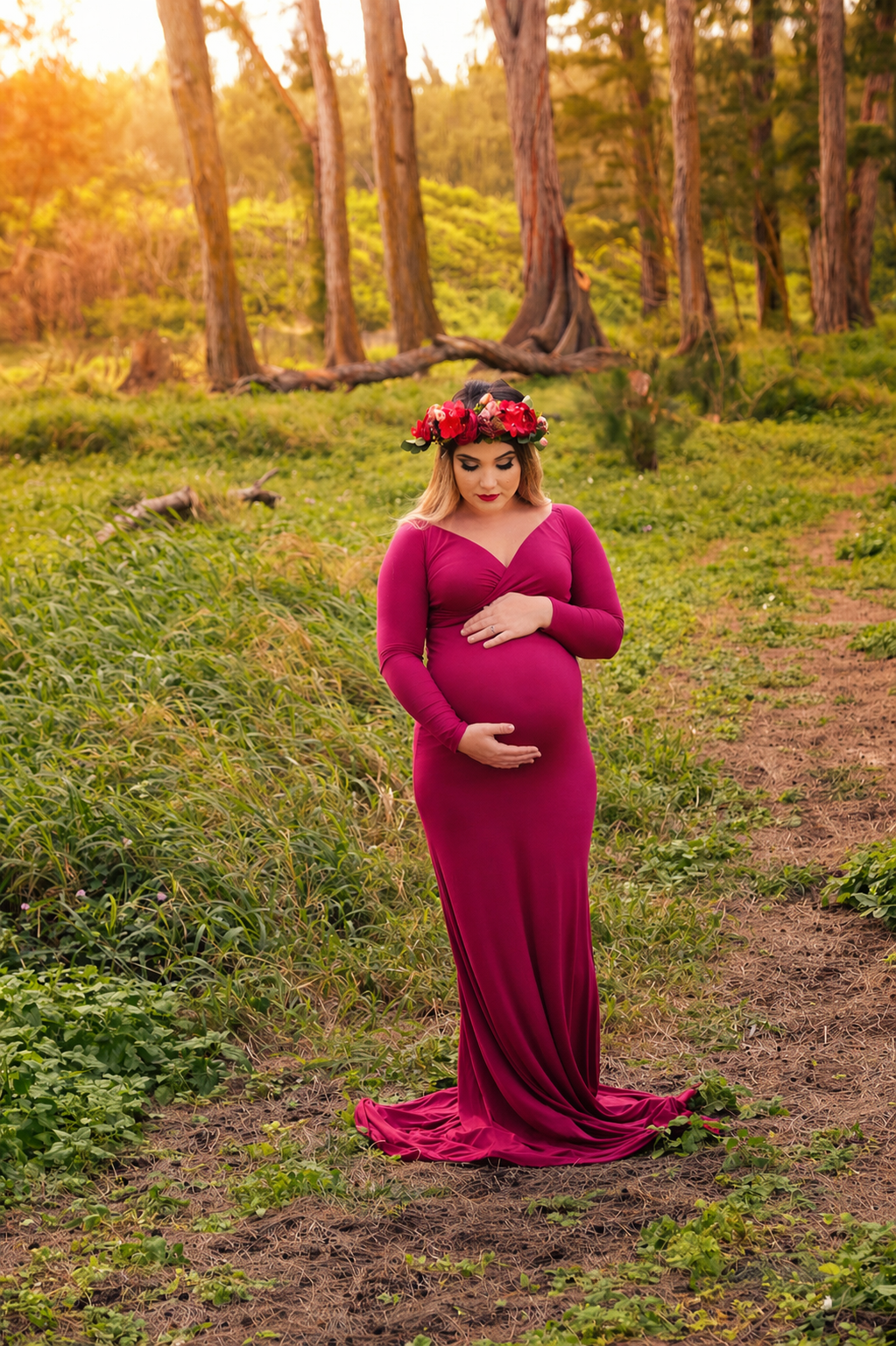A pregnant woman in a long pink dress and a floral crown stands in a forest during sunset, gently holding her belly.