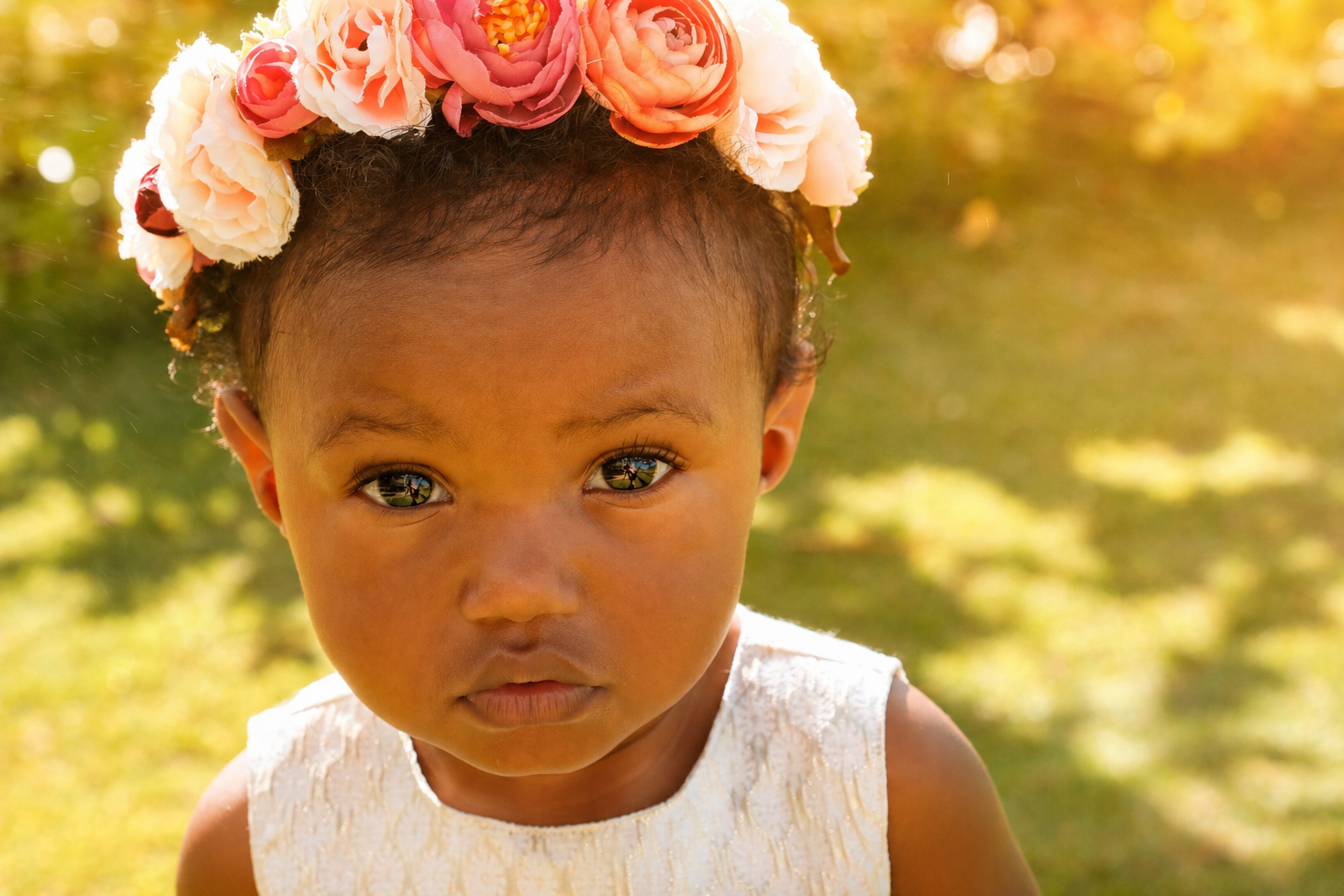 Close-up of a young girl with a flower crown on her head, standing outdoors in sunlight, with a serious expression.
