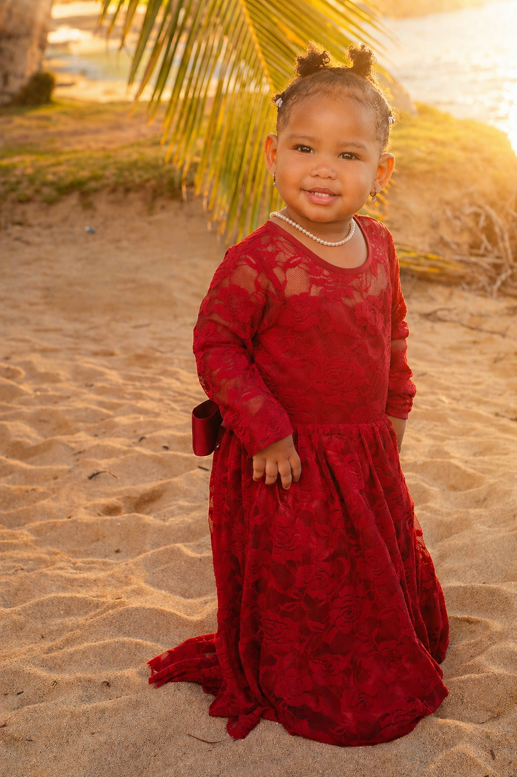 A young girl in a long red lace dress standing on sandy ground near a palm tree, with sunset light in the background.