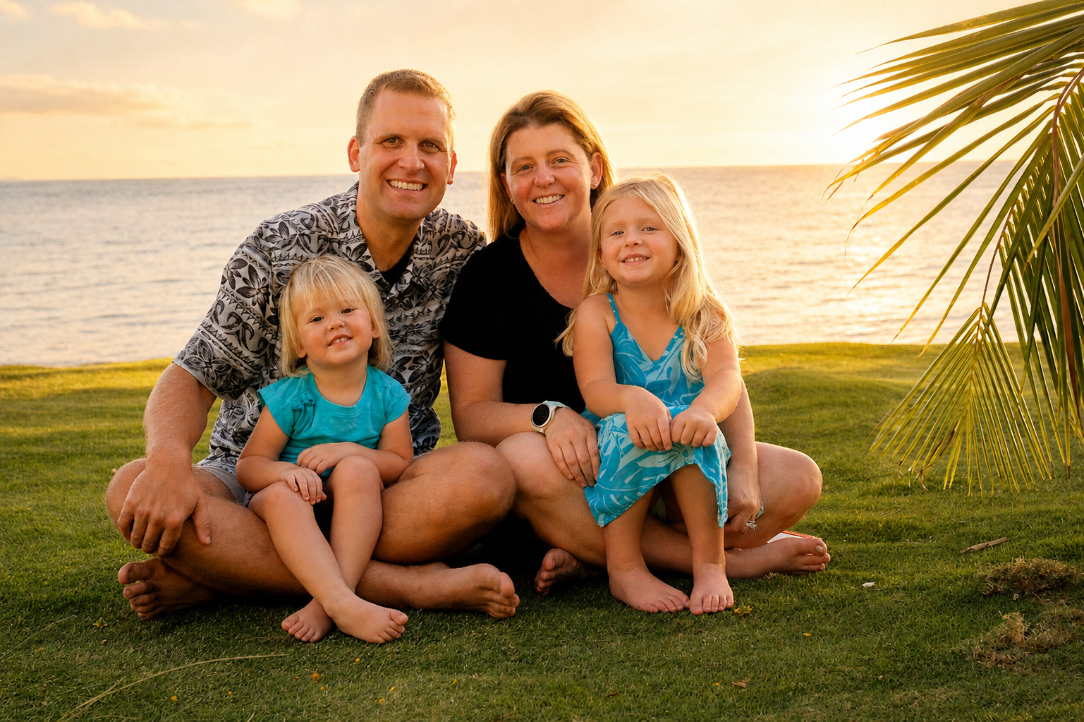 A family of four sitting on the grass near the water during sunset, with a palm tree leaf partially visible on the right