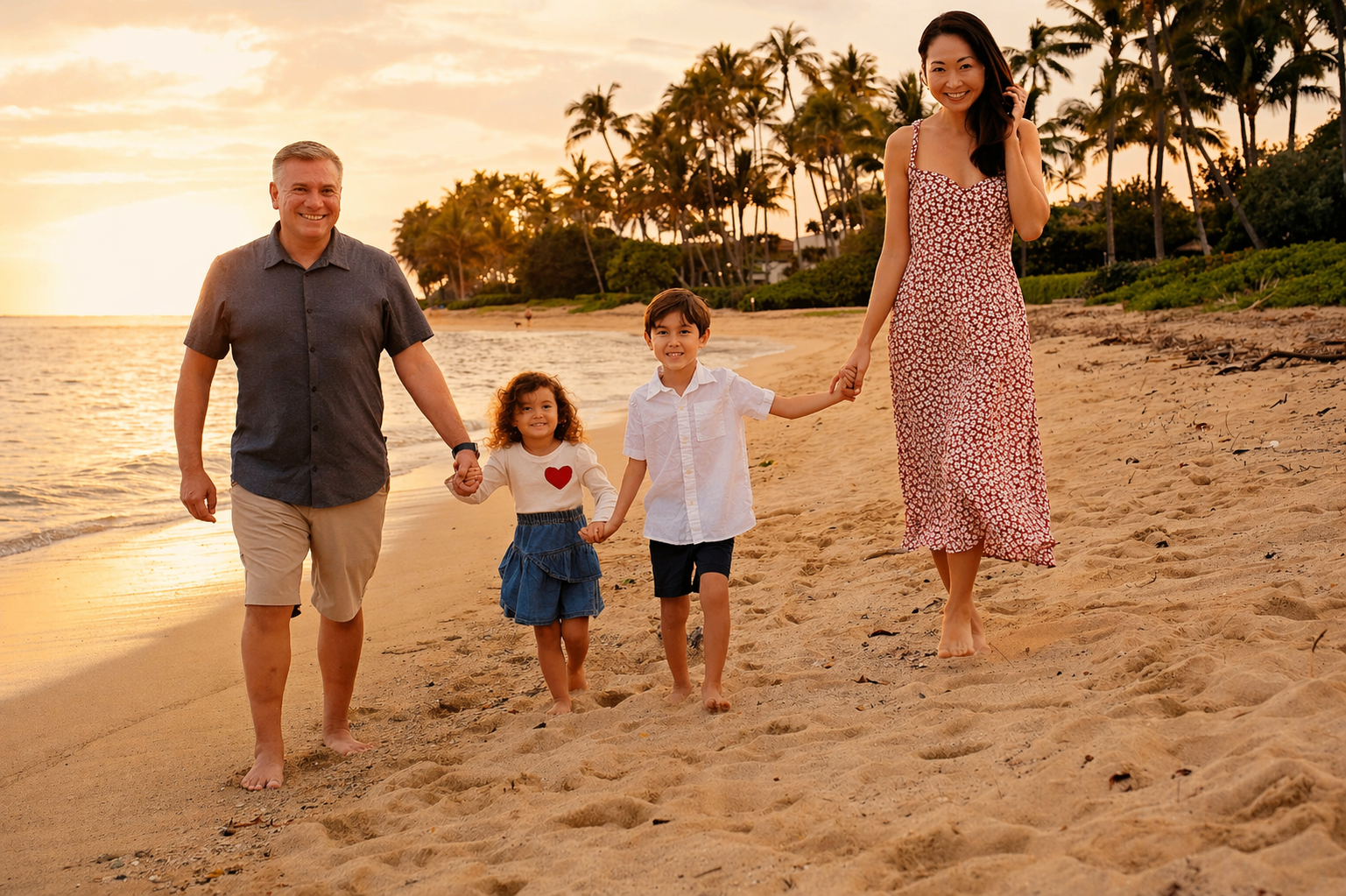A family of four walking on a sandy beach at sunset, holding hands and smiling. The background features palm trees and a cloudy sky illuminated by the setting sun.