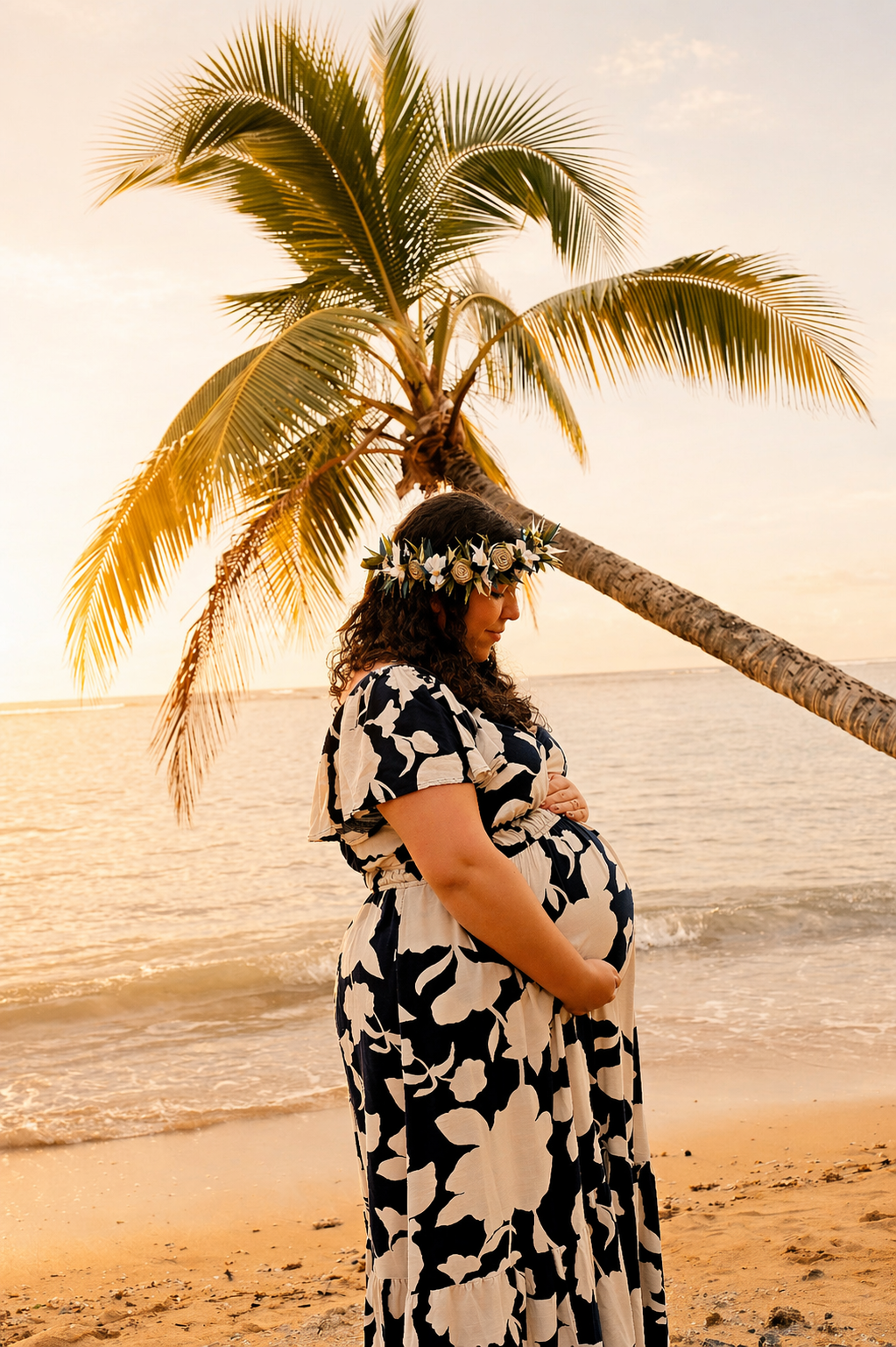 Pregnant woman wearing a floral dress and a flower crown on a beach, standing under a palm tree at sunset.