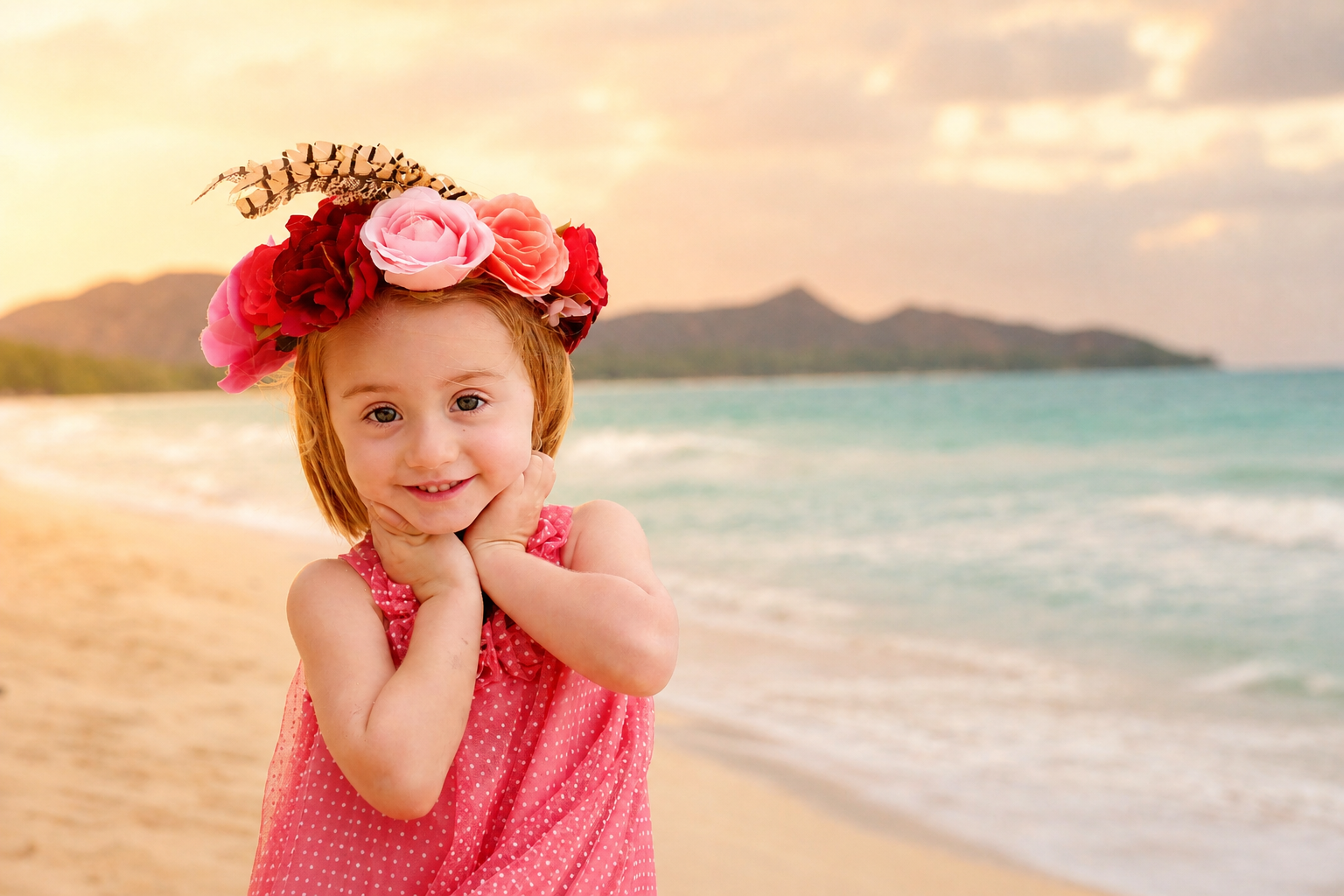 A young girl with red hair, wearing a pink polka dot dress, stands on a beach with mountains in the background. She has a joyful expression and wears a floral headband made of large pink and red flowers with a feather.