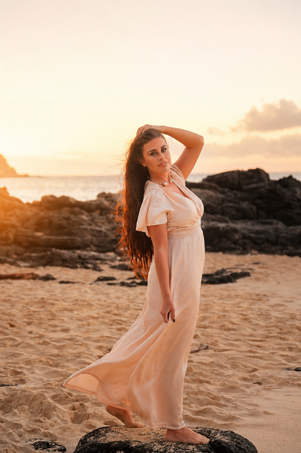 Woman with long, wavy hair wearing a beige dress standing barefoot on a sandy beach at sunset, with rocks and ocean in the background.