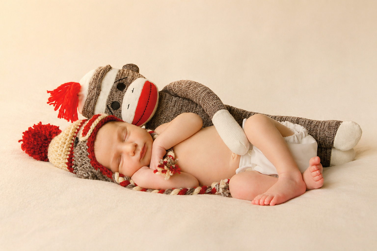 A sleeping baby wearing a red, white, and beige knit hat with a pom-pom and a stuffed sock monkey toy, both lying on a soft beige surface.