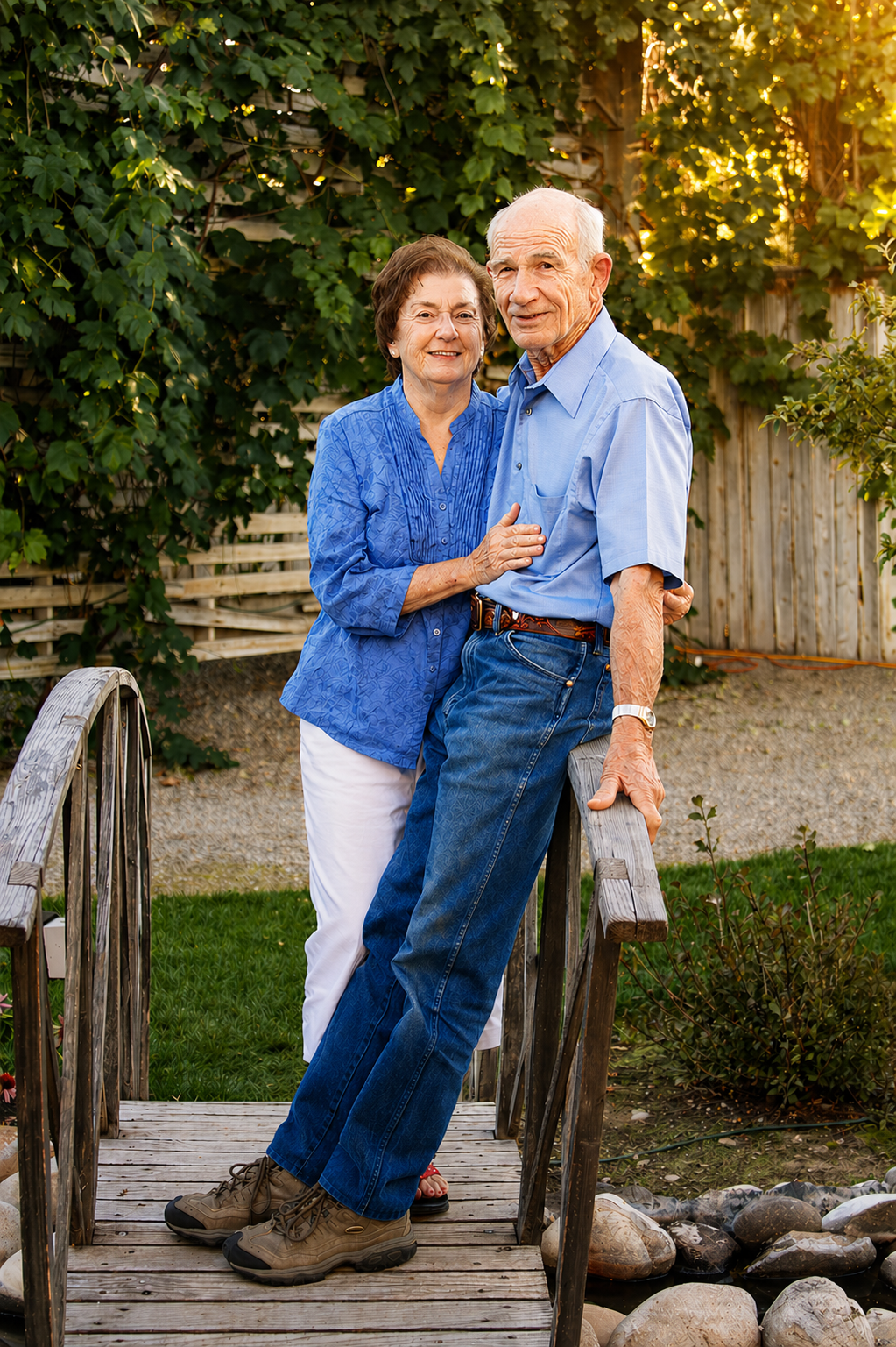 An elderly couple stands on a small wooden bridge in a backyard, smiling at the camera. The woman has short brown hair and wears a blue blouse with white pants. The man is balding with white hair, wearing a blue short-sleeve shirt and jeans. They are