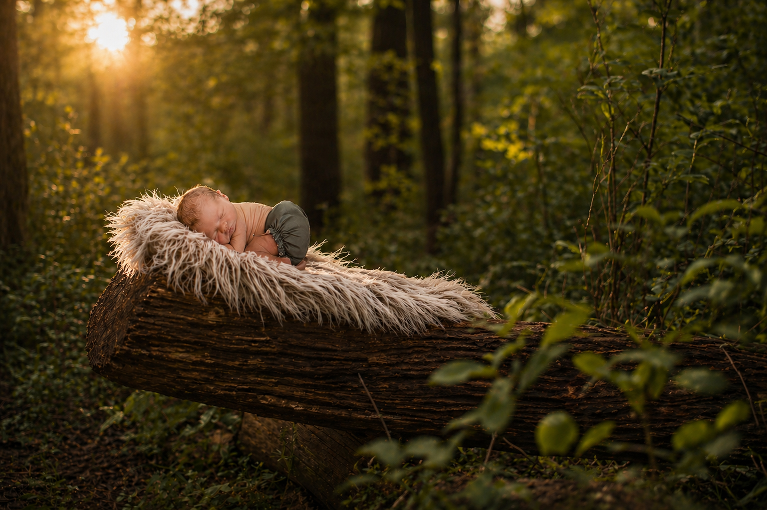 A baby sleeping on a soft blanket placed on a fallen tree in a forest during sunset.