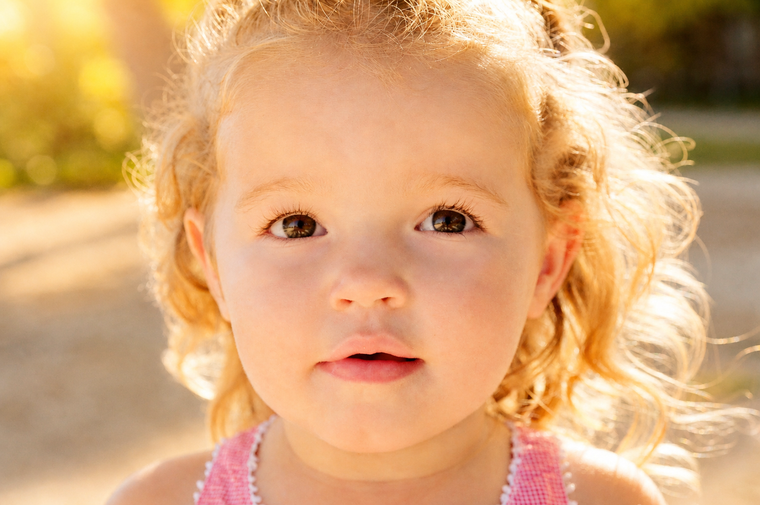 Close-up of a young girl with curly blonde hair and brown eyes outdoors, bathed in warm sunlight.