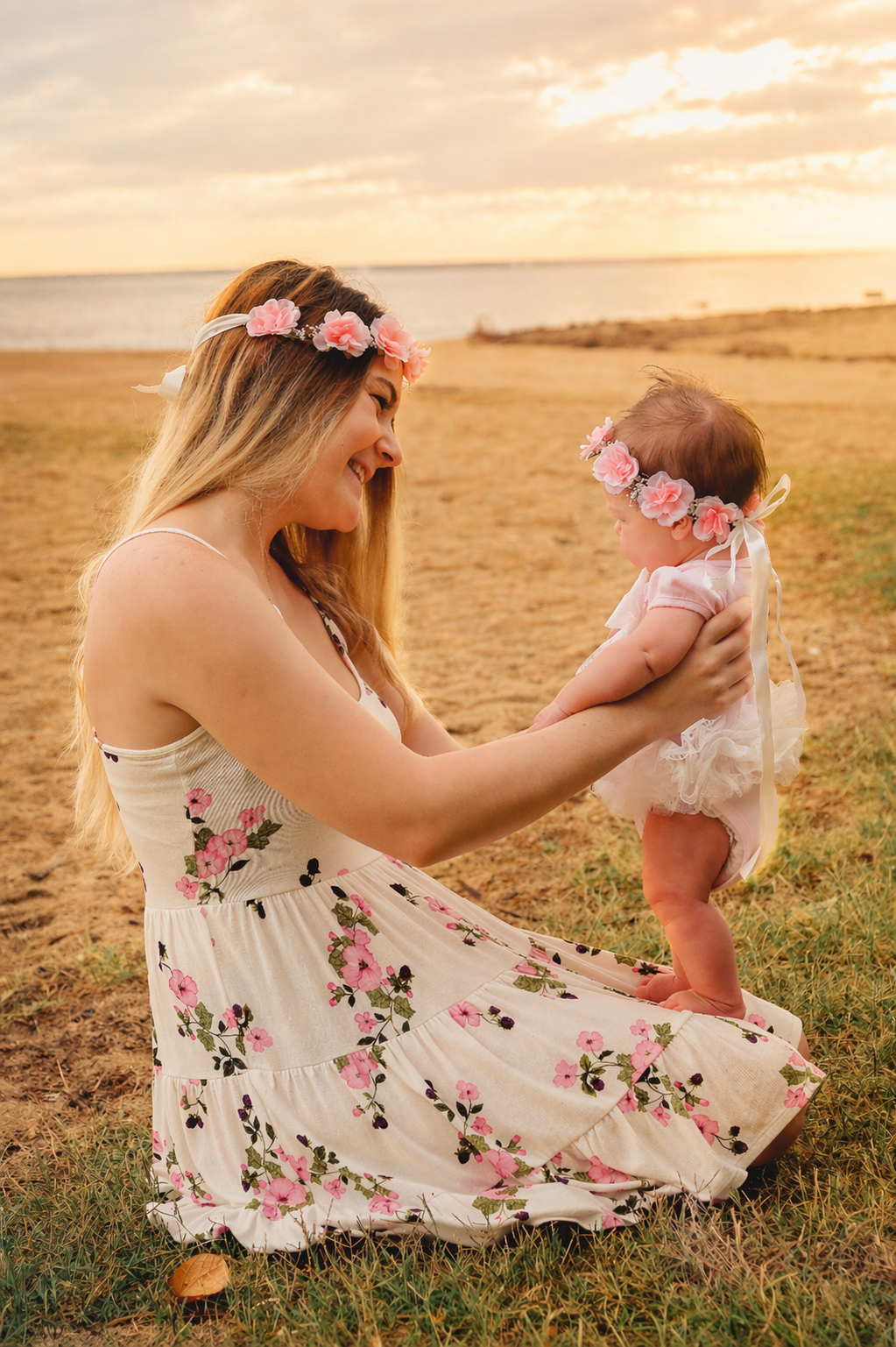 A woman and a baby girl wearing matching pink floral headbands and dresses enjoying a moment on a beach at sunset.