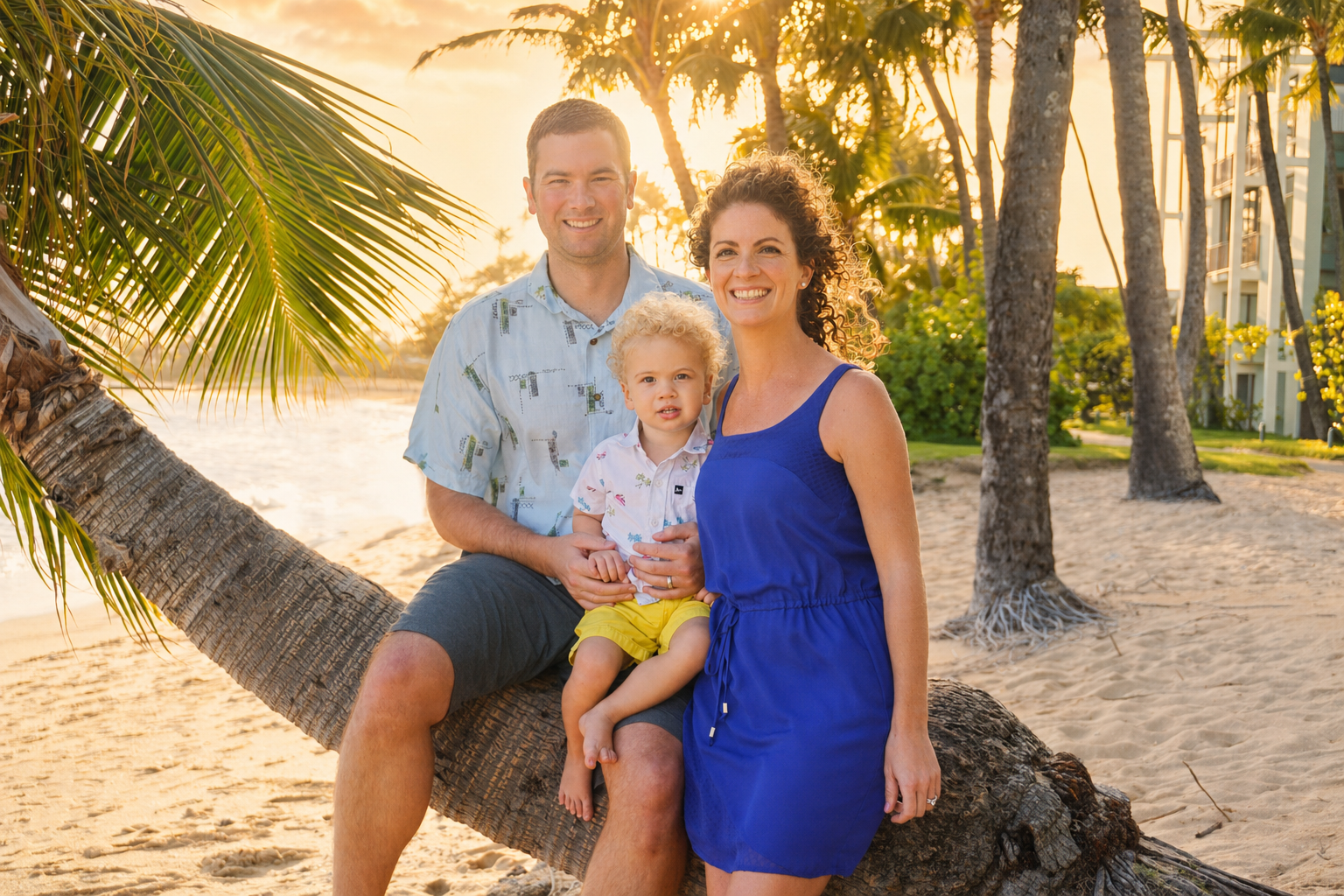 A happy family of three enjoying a beach sunset, sitting on a leaning palm tree on sandy shore, with palm trees and a building in the background.