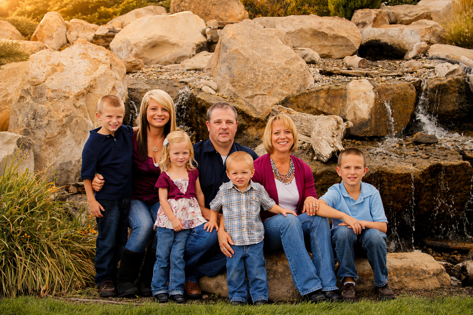 Family of eight posing outdoors in front of a waterfall, all sitting or standing on rocks, with greenery in the background.