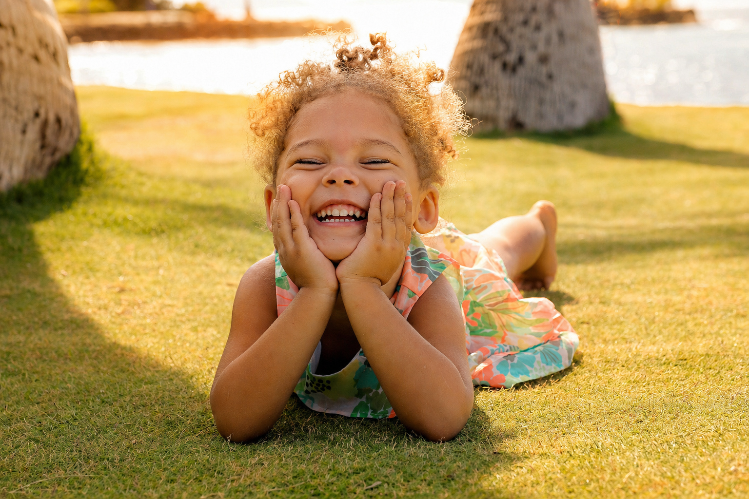 A joyful young girl with curly hair lying on grass near trees, smiling with hands on cheeks, at sunset.