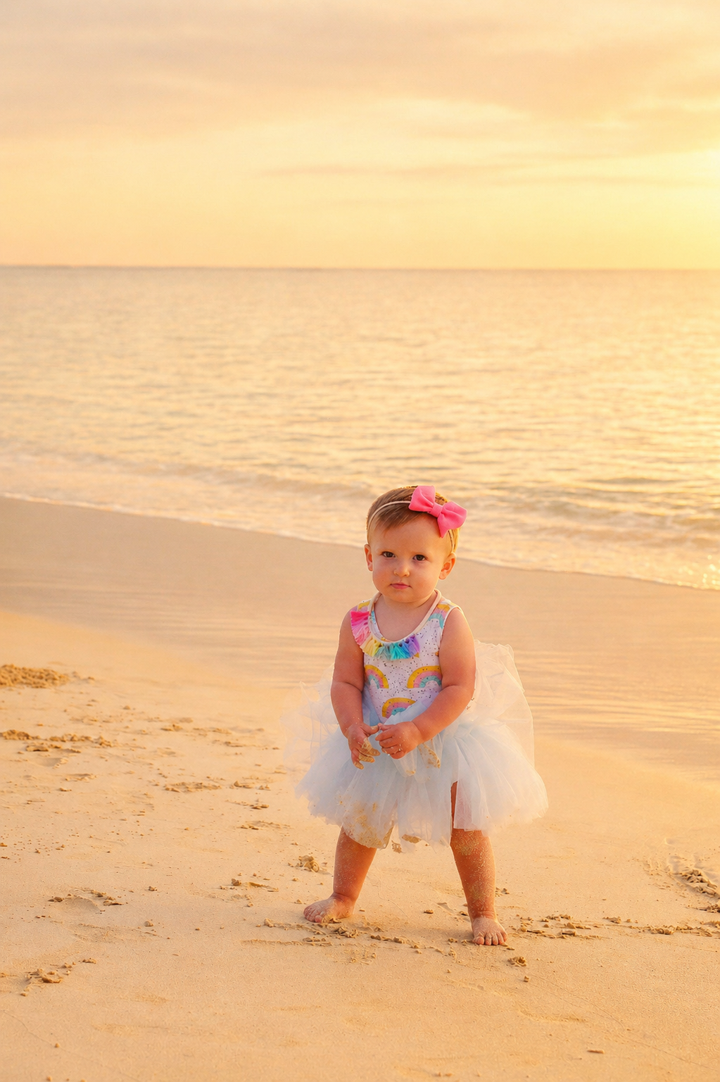 A young girl standing on a sandy beach at sunset, wearing a rainbow-patterned top, a white tulle skirt, and a pink bow in her hair, with ocean waves in the background.
