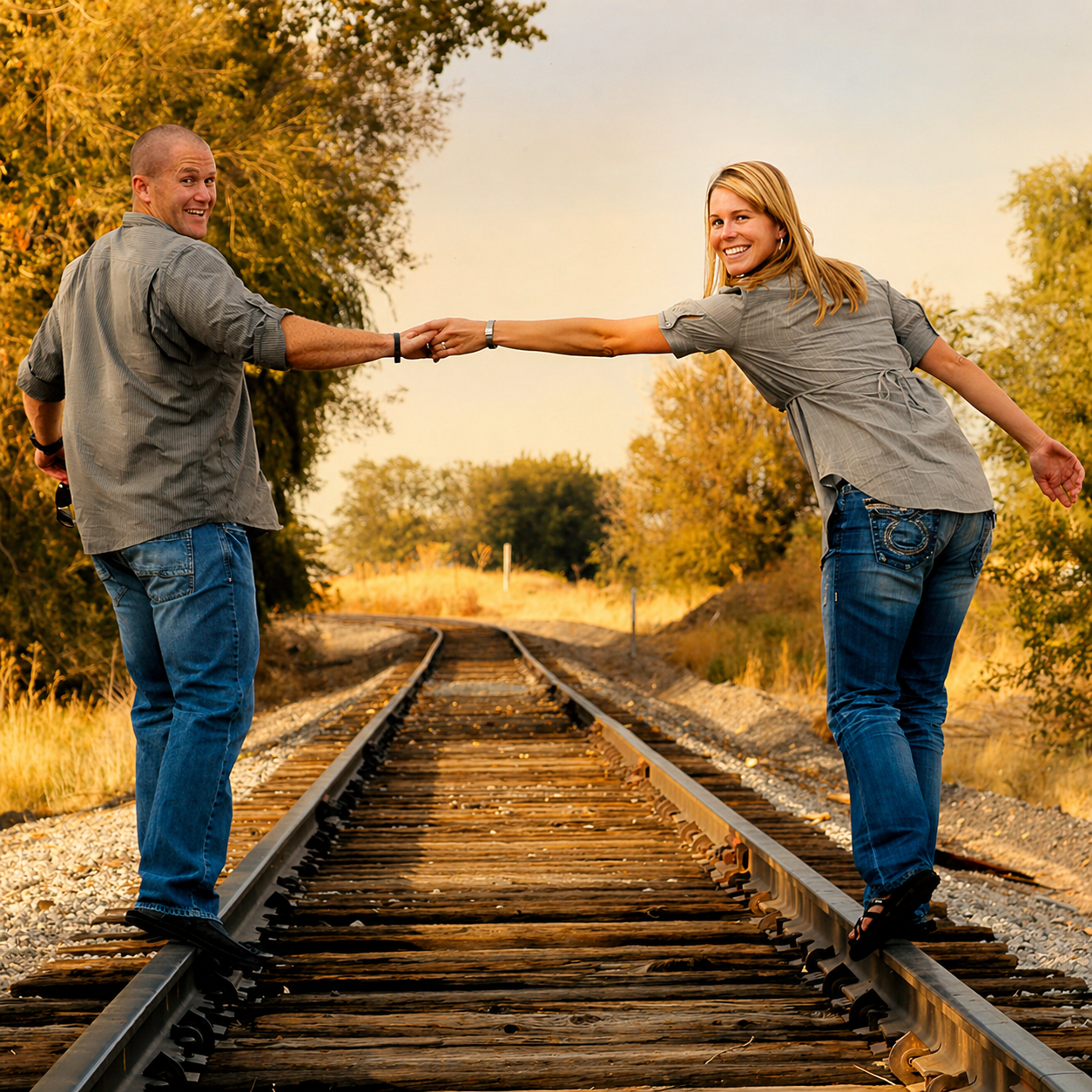 A man and woman holding hands and leaning towards each other on a railroad track during sunset, surrounded by trees with yellow and green foliage.