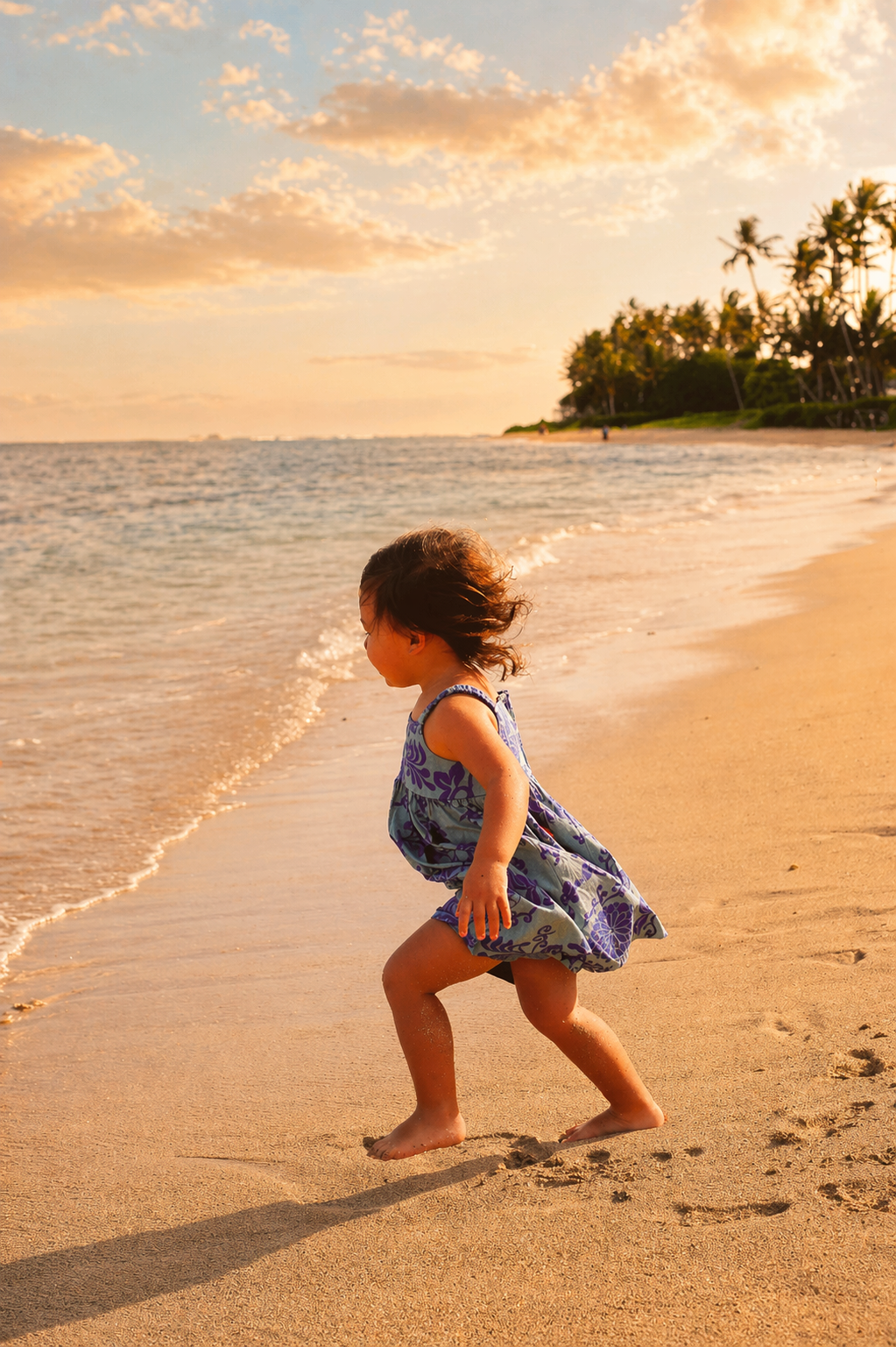 A young girl in a purple floral dress jumping or running along the sandy shore of a beach during sunset, with palm trees and a cloudy sky in the background.