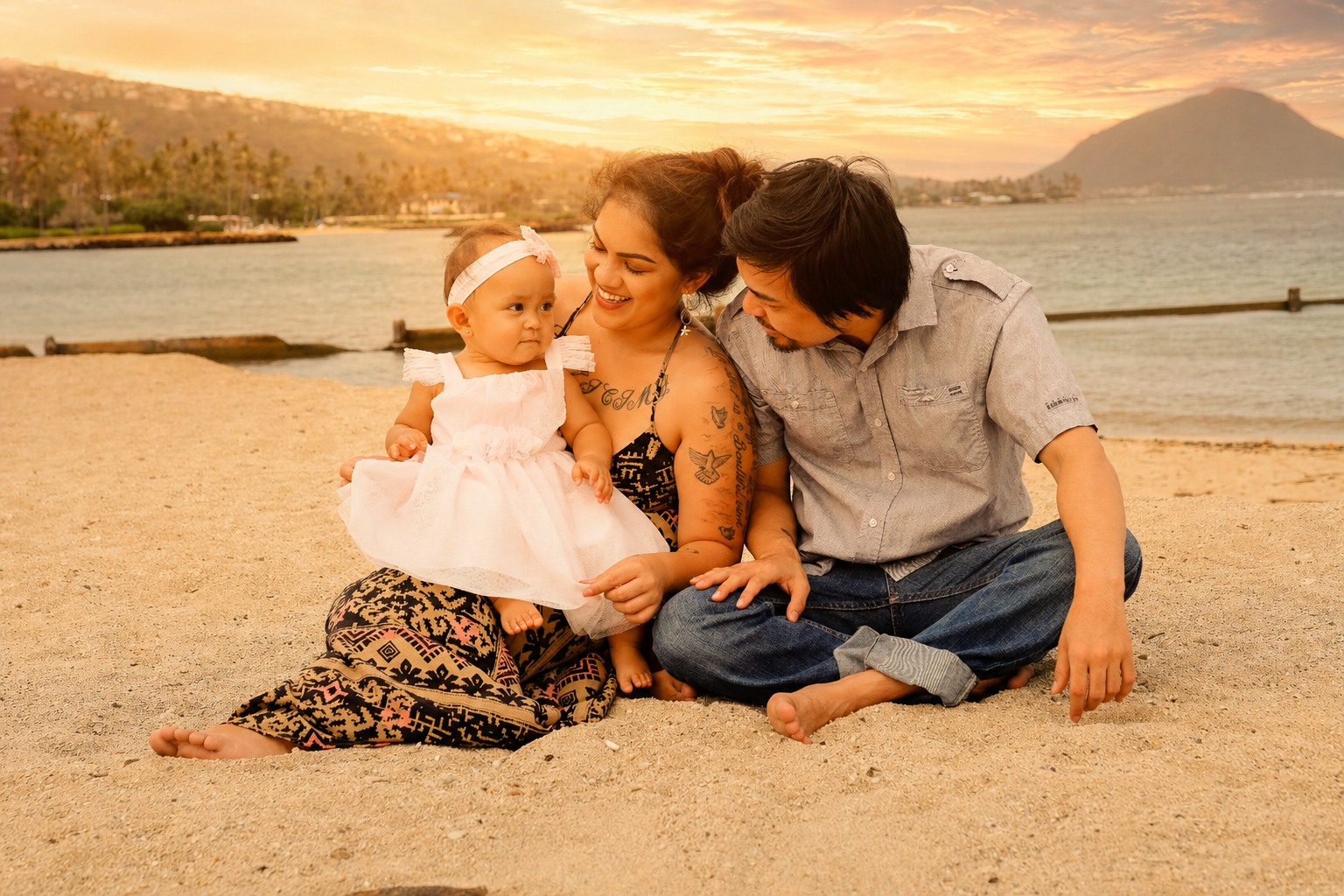 A family of three sitting on a sandy beach during sunset, with a mountain and the ocean in the background. The mother, with tattoos and wearing a patterned skirt, is holding a young toddler girl in a white dress. The father, dressed in a gray shirt a