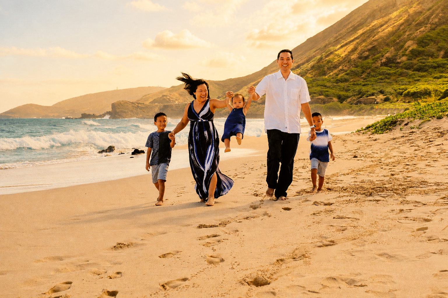 A family of six enjoying time at the beach during sunset, walking along the sand, with one parent lifting a toddler and all family members smiling.